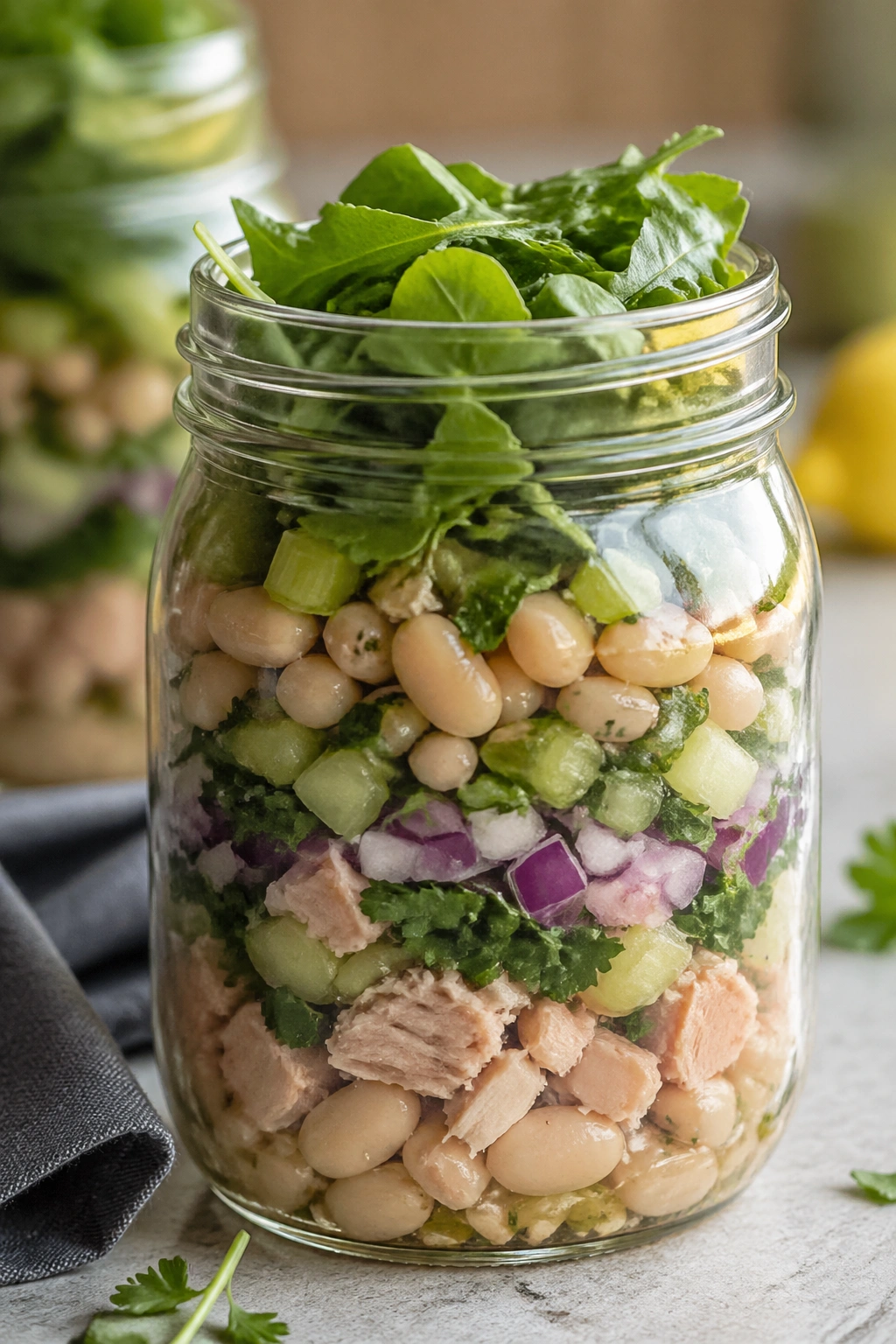 Close-up of tuna and white bean salad jar with greens on top