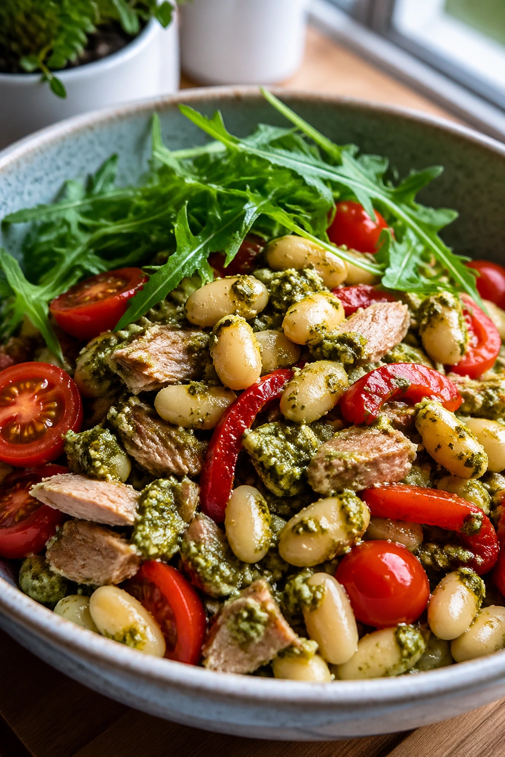 Close-up of Tuna White Bean Pesto Bowl with tuna, beans, and pesto