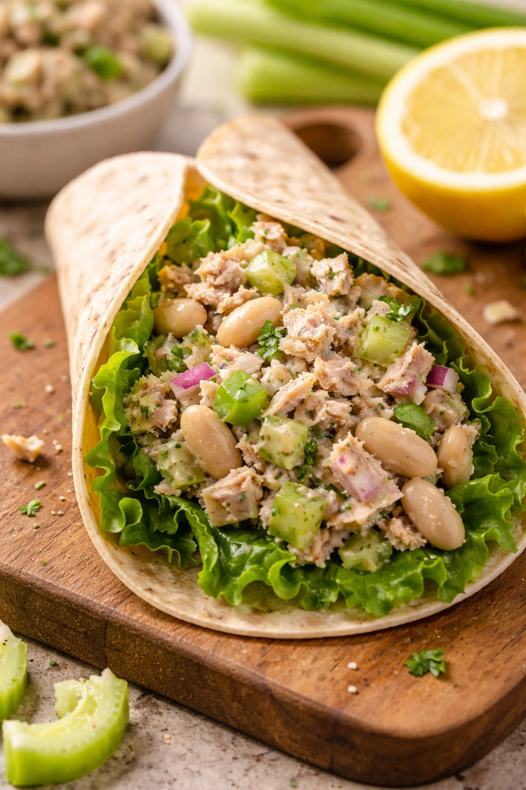 Cross-section of tuna white bean salad inside a wrap on a wooden board