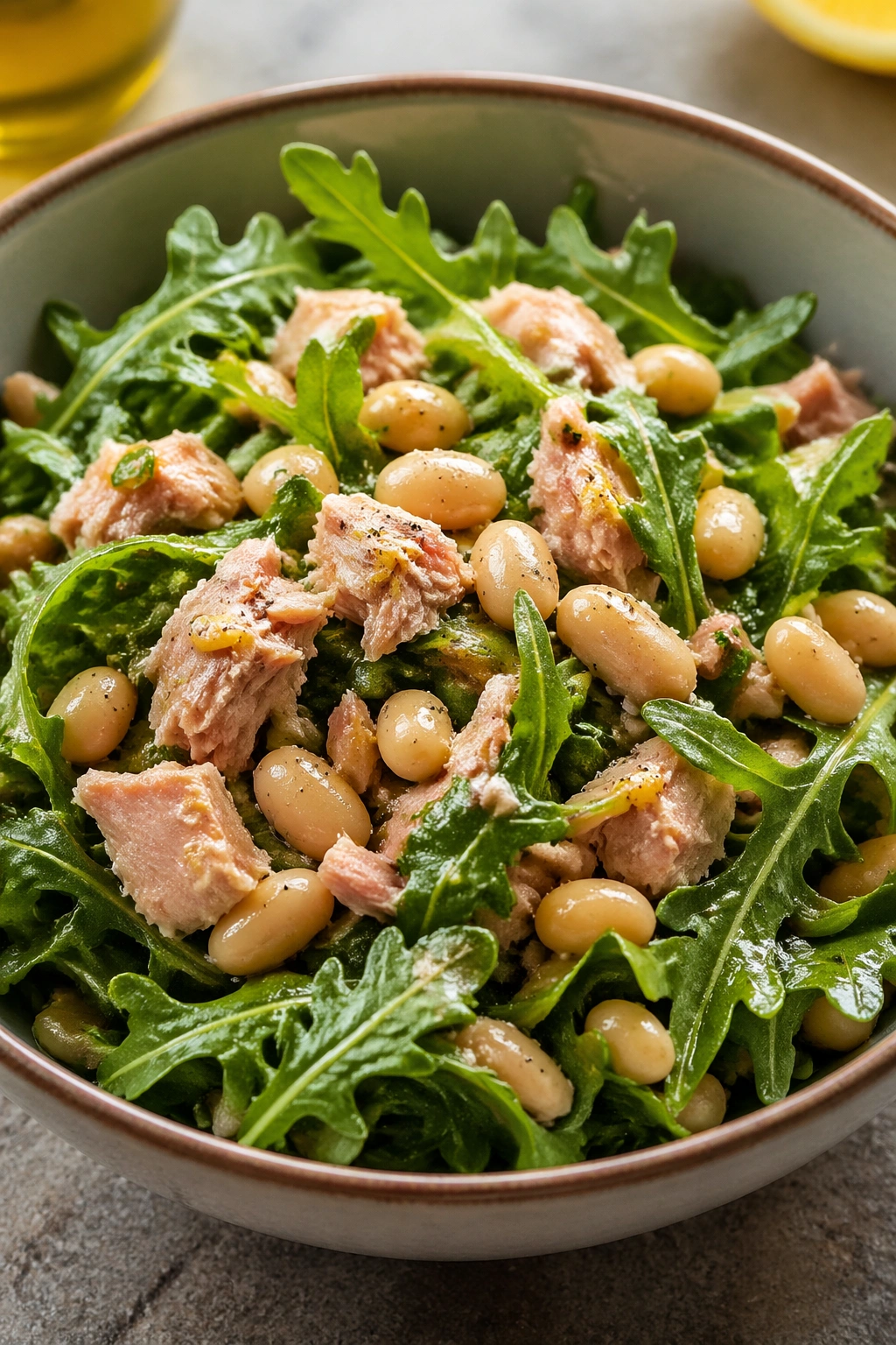 Close-up of tuna white bean arugula salad in a bowl