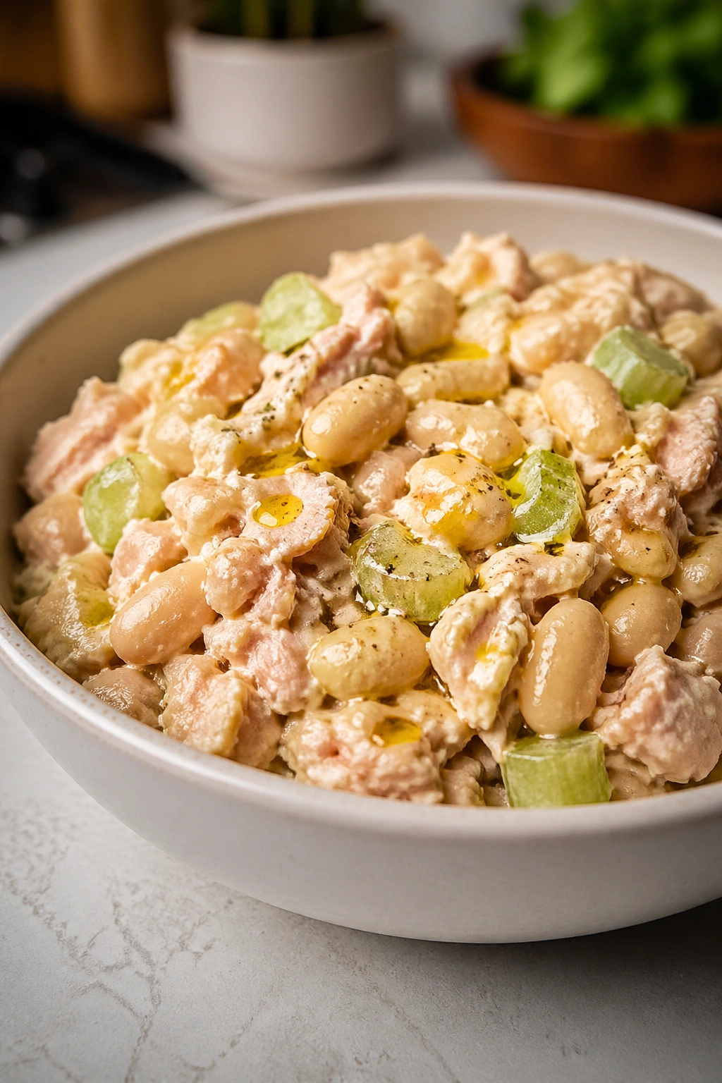 Bowl of tuna and white bean mixture on a kitchen counter