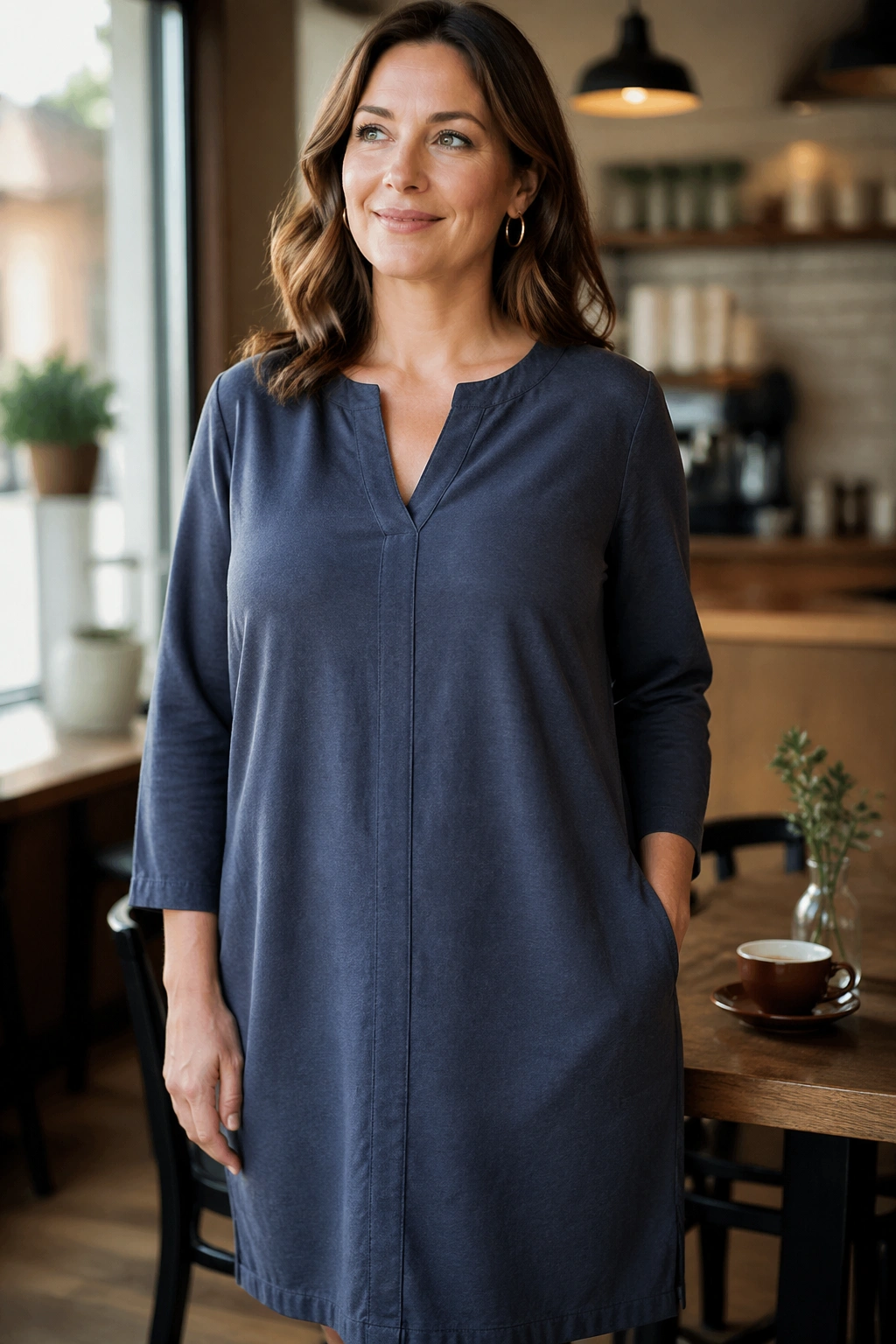 Real woman in a tunic dress showing relaxed but structured fit