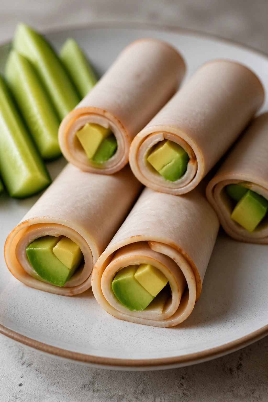 Turkey roll-ups with avocado on a plate in a kitchen setting.