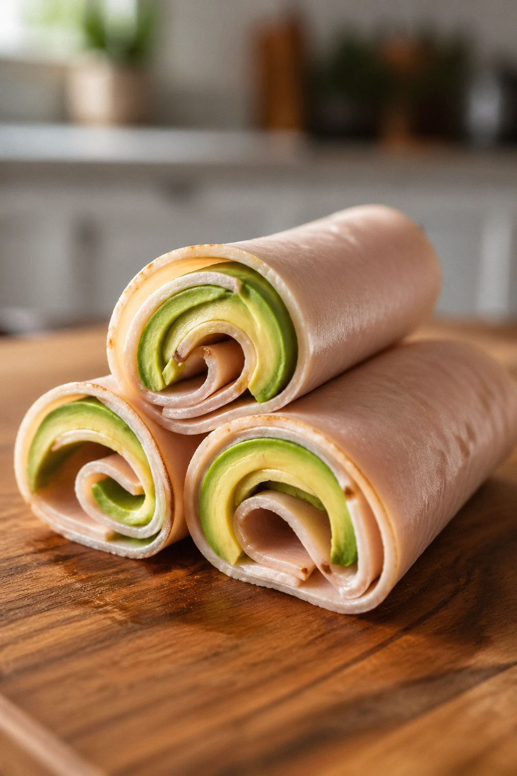 Close-up of savory turkey and avocado roll-ups ready for pre-swim fueling