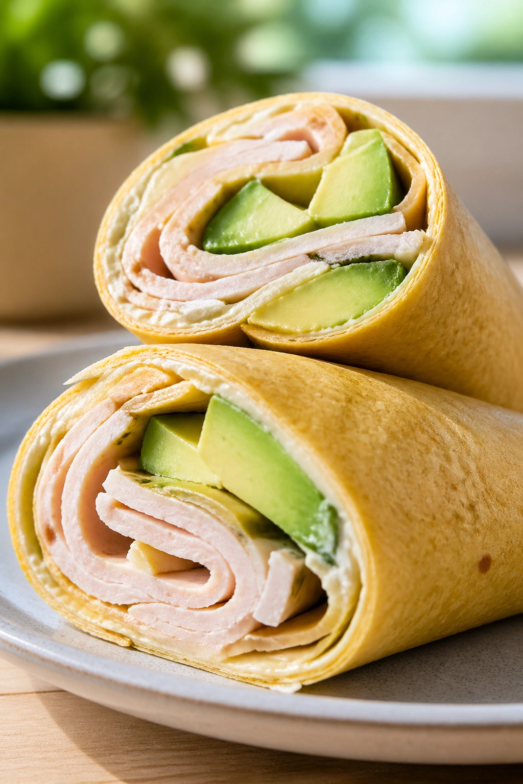 Two turkey and avocado tortilla roll-ups cross-sections on a plate