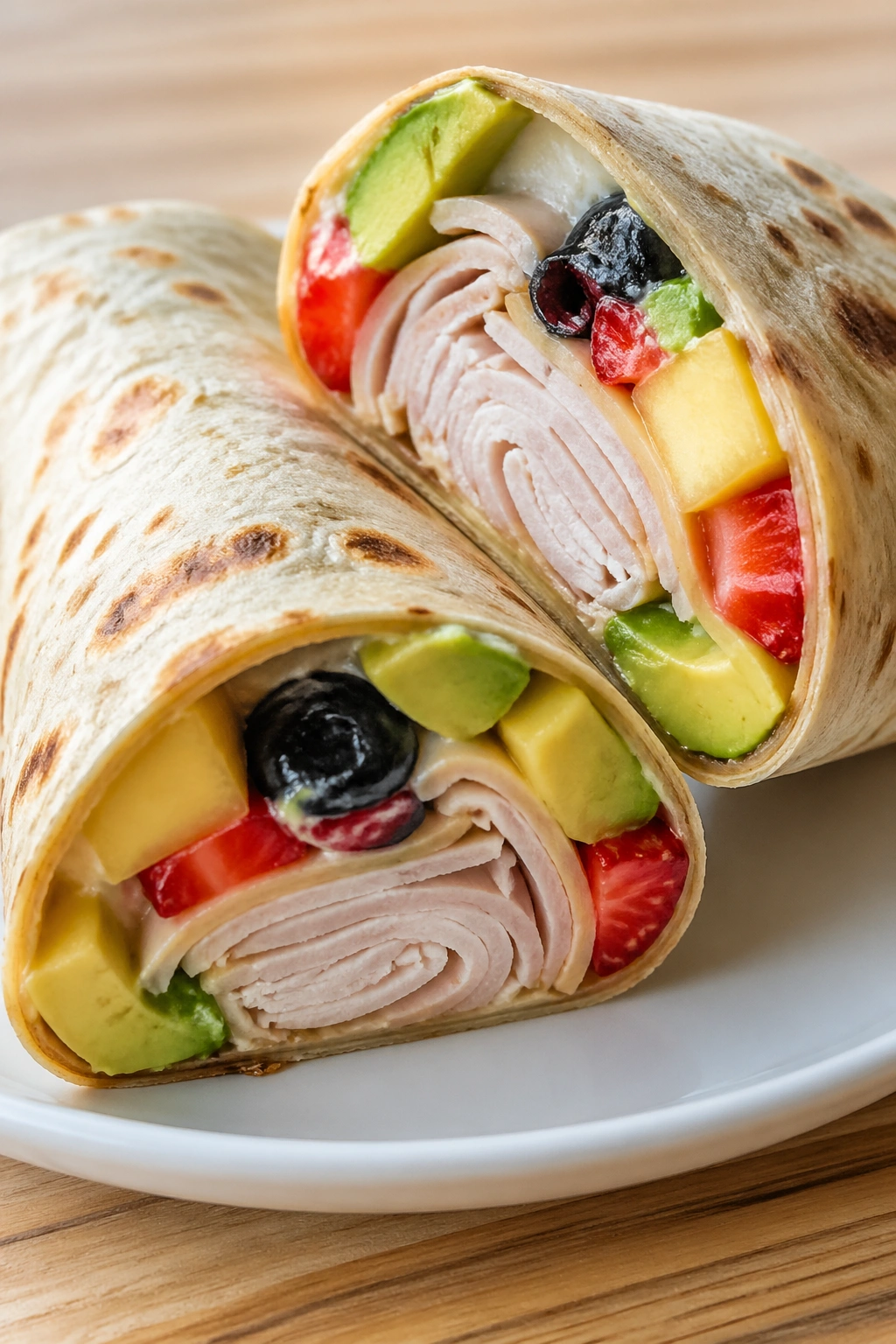 Turkey avocado wrap sliced open showing fillings