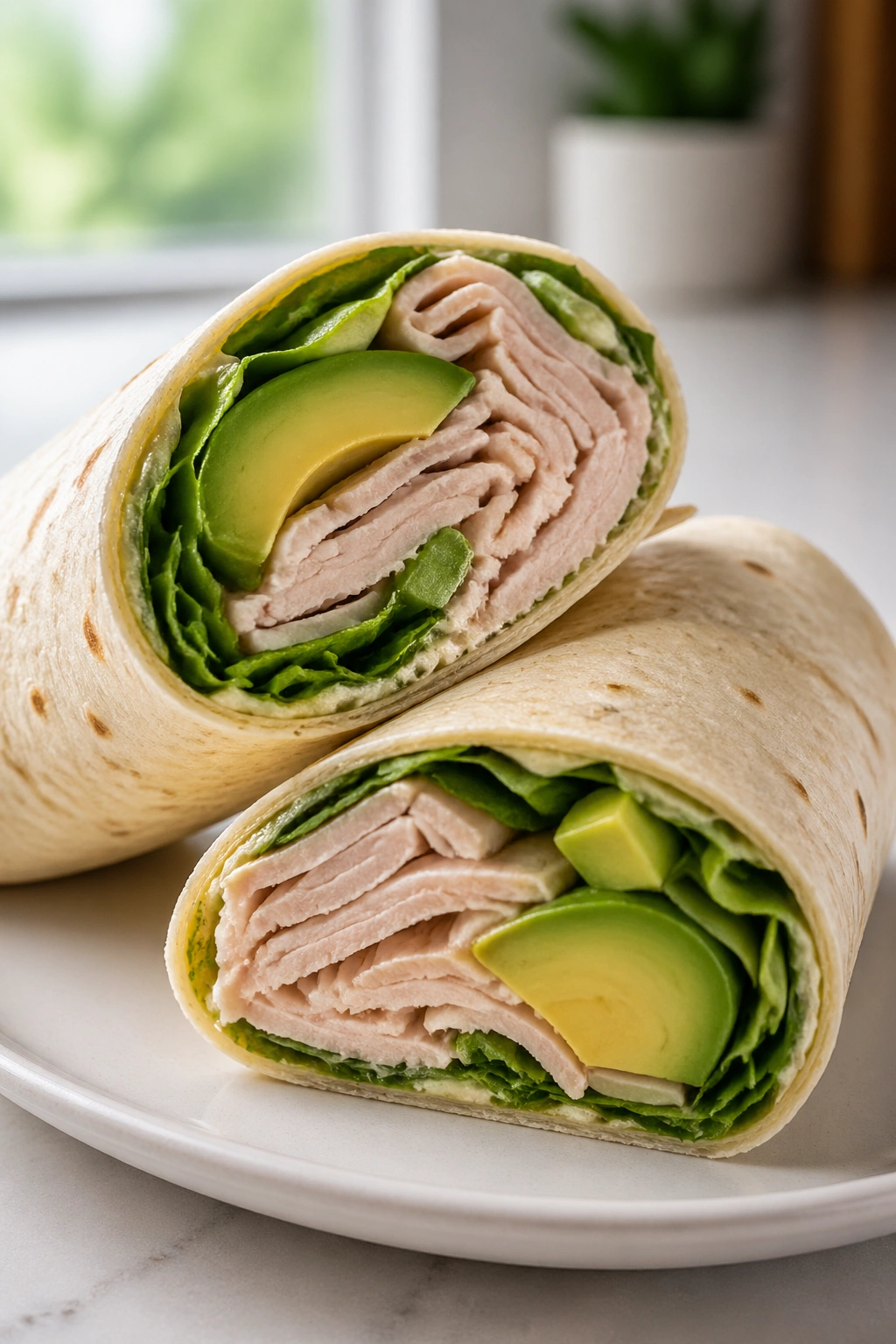 Halved turkey and avocado wrap on a plate