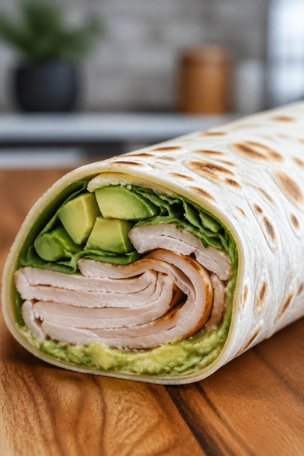 Turkey avocado wrap cut open to show filling on a wooden counter.