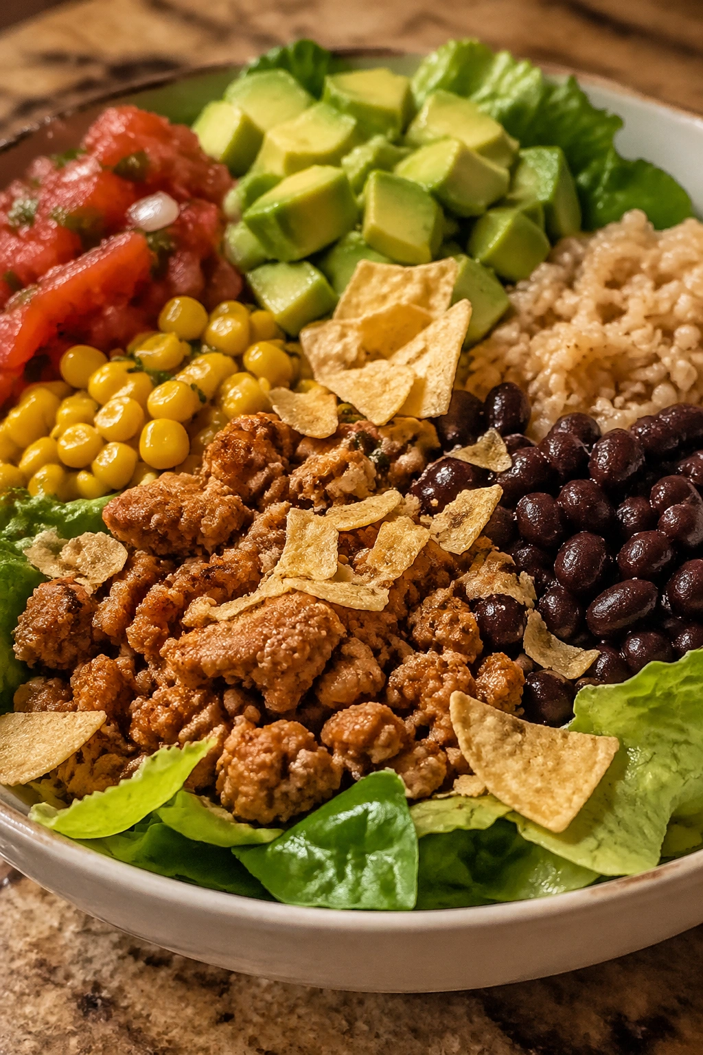 Turkey taco black bean salad with avocado and tortilla chips