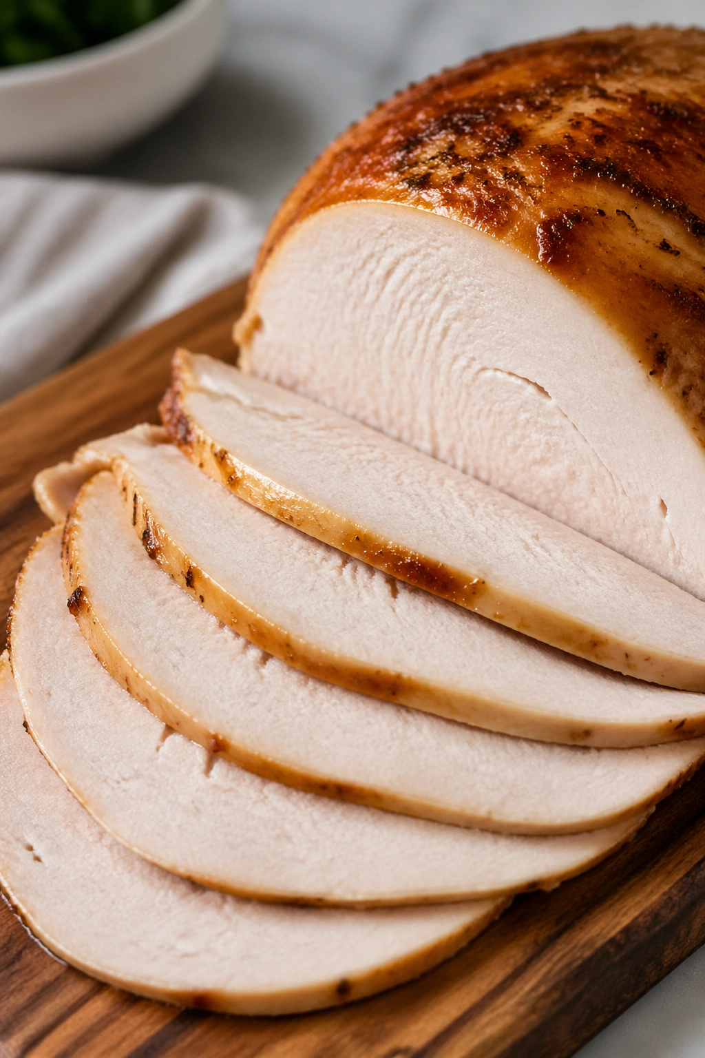 Close-up of sliced turkey breast on a cutting board filling the frame