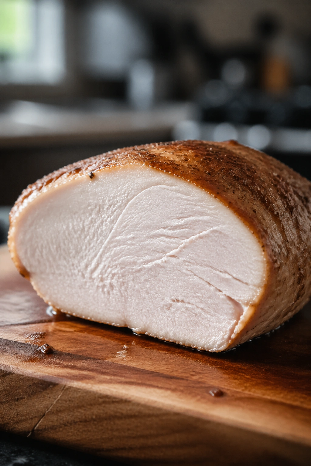 Close-up of a roasted turkey breast slice on a cutting board