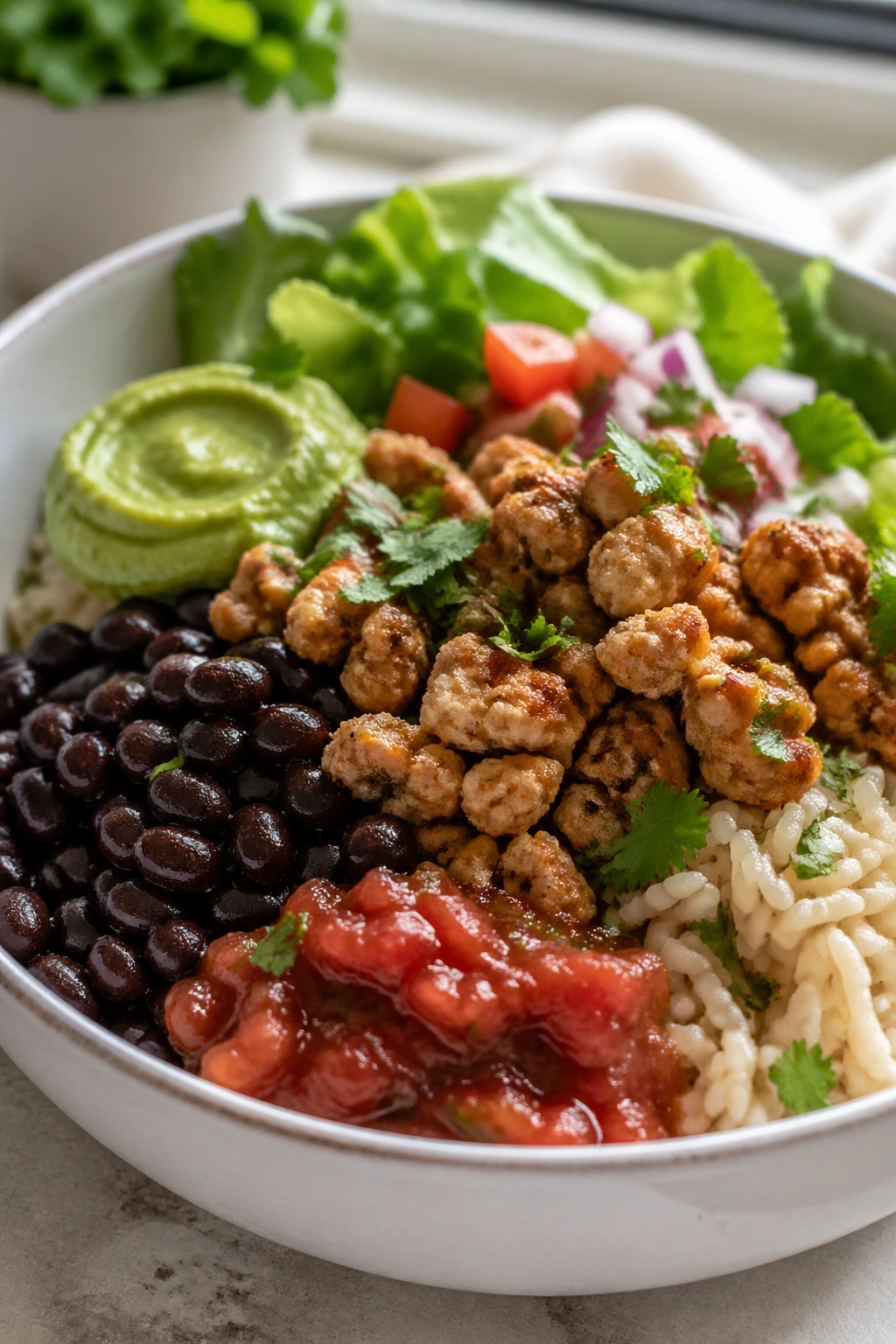 Turkey burrito bowl with beans salsa on a plate