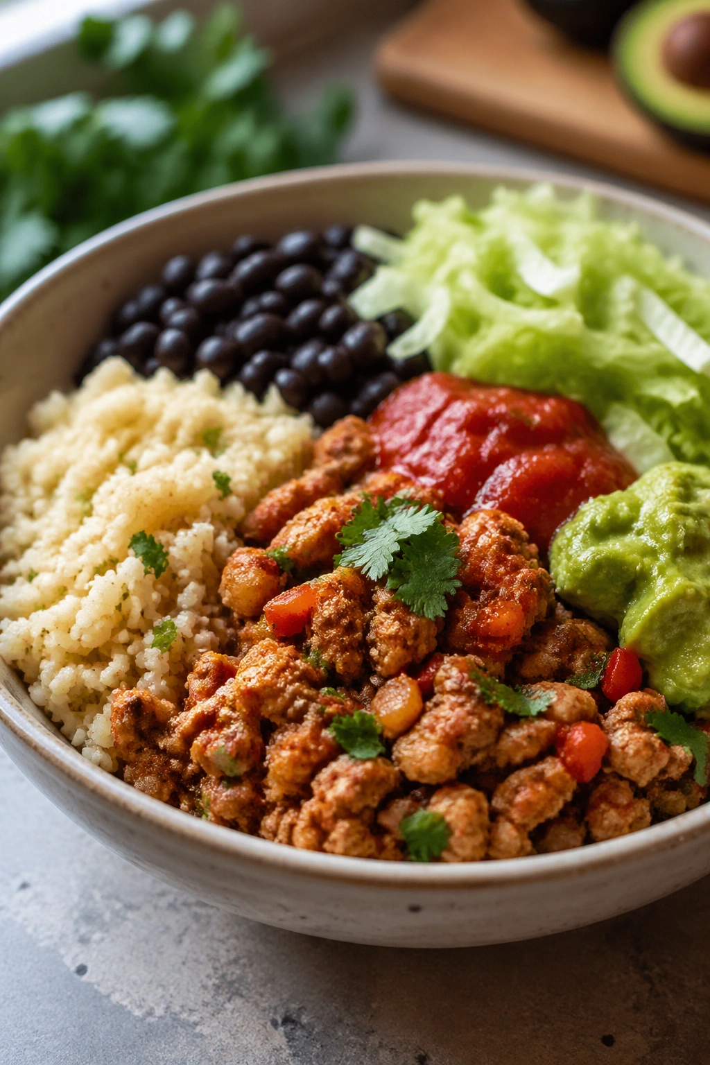 Close-up of turkey taco cauliflower rice bowl with toppings