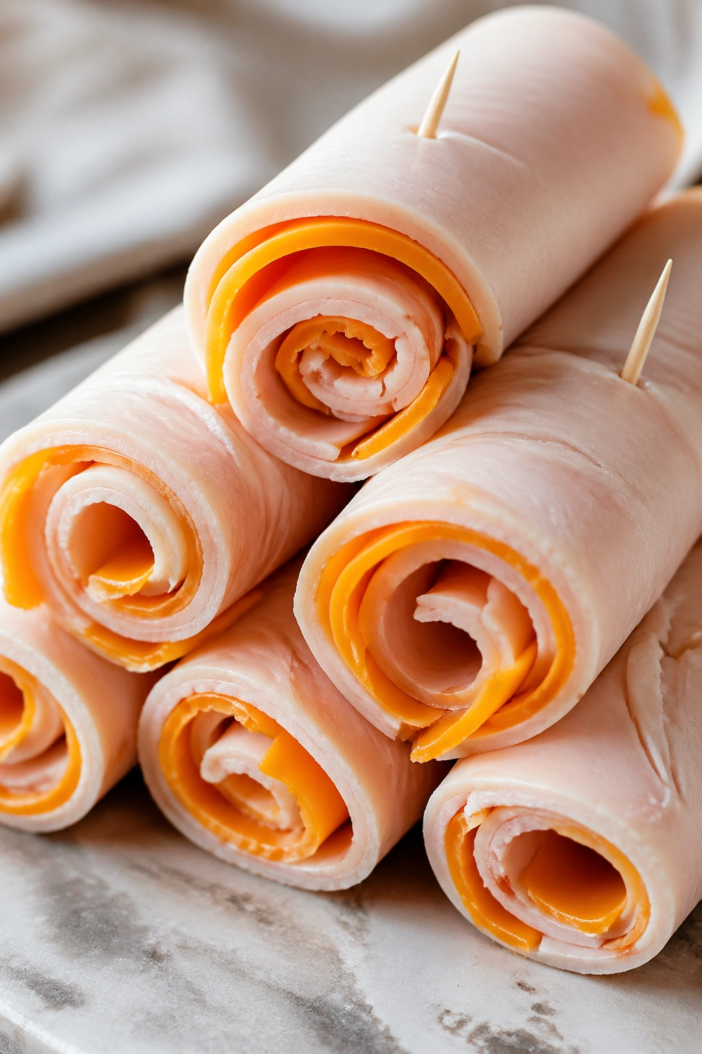 Close-up of turkey and cheddar roll-ups stacked on a clean surface