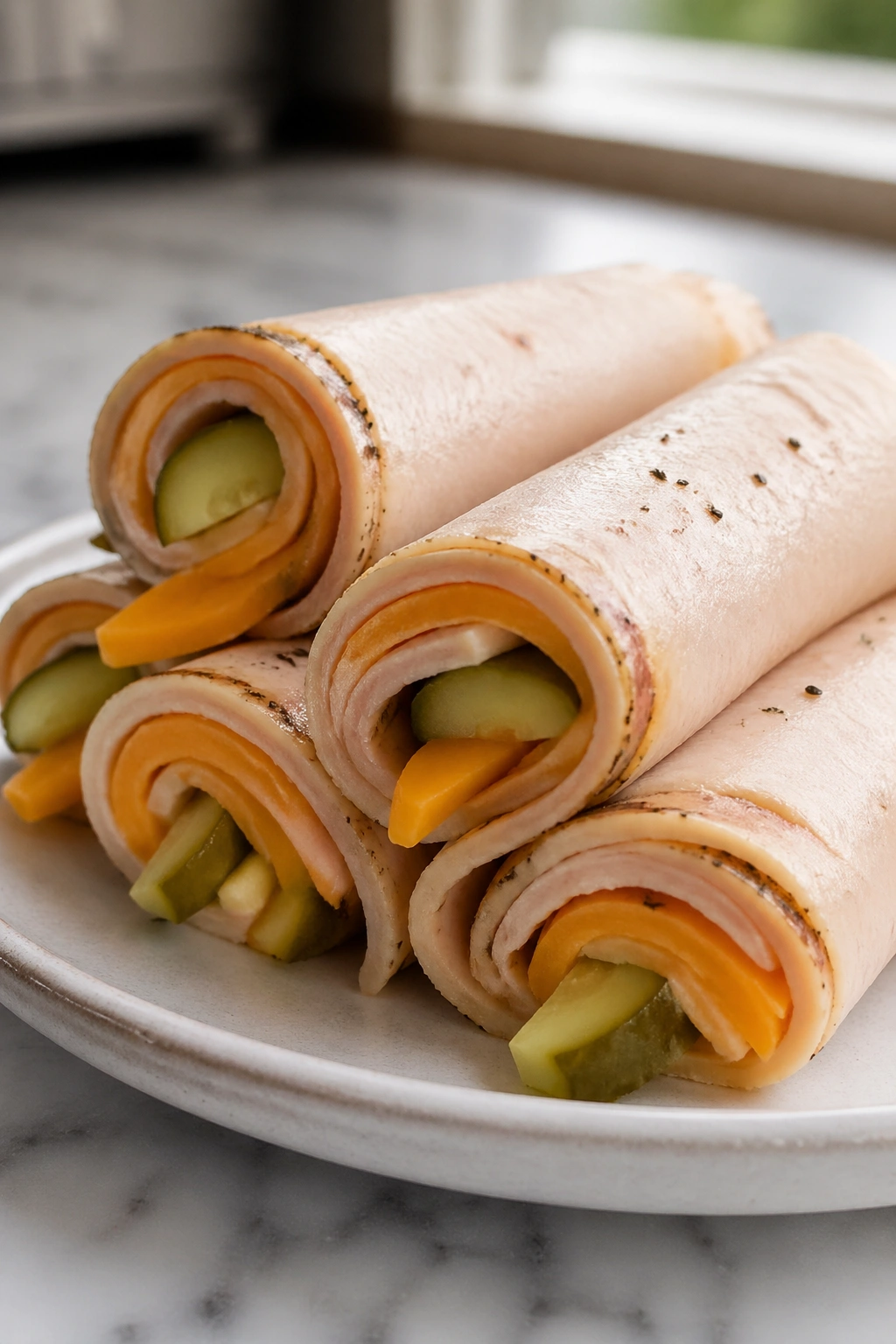 Close-up of turkey and cheddar roll-ups with pickle