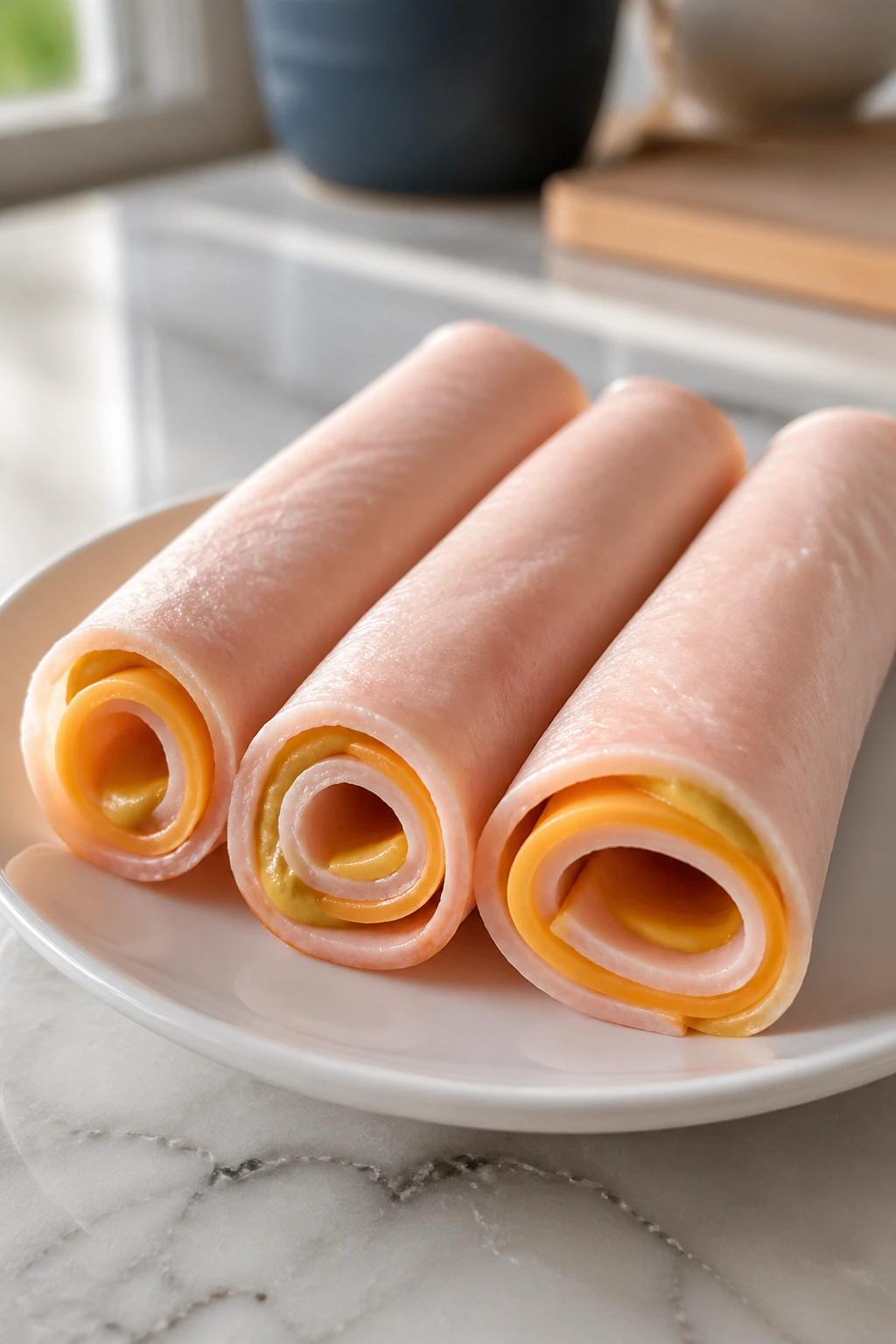 Close-up of turkey and cheese roll-ups with mustard on a plate