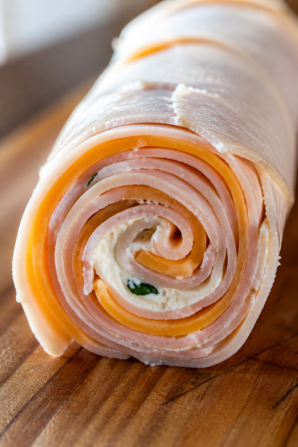 Close-up cross-section of turkey and cheese roll-up on wooden board