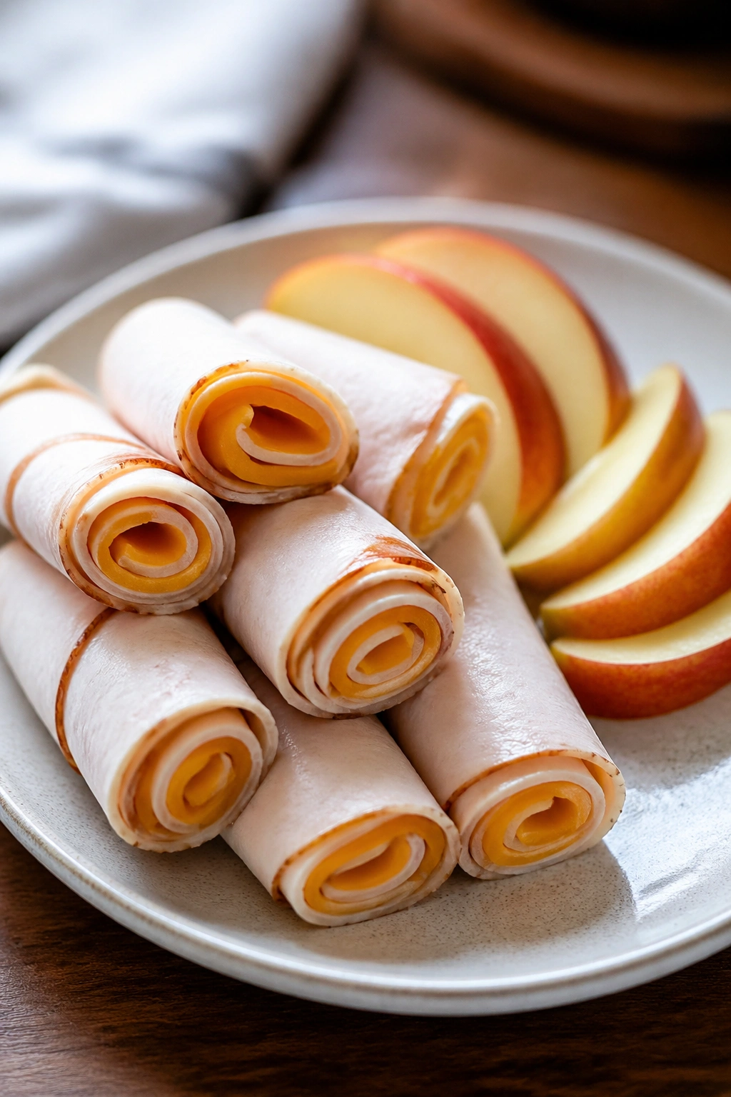 Close-up of turkey and cheese roll-ups with apple slices on a plate