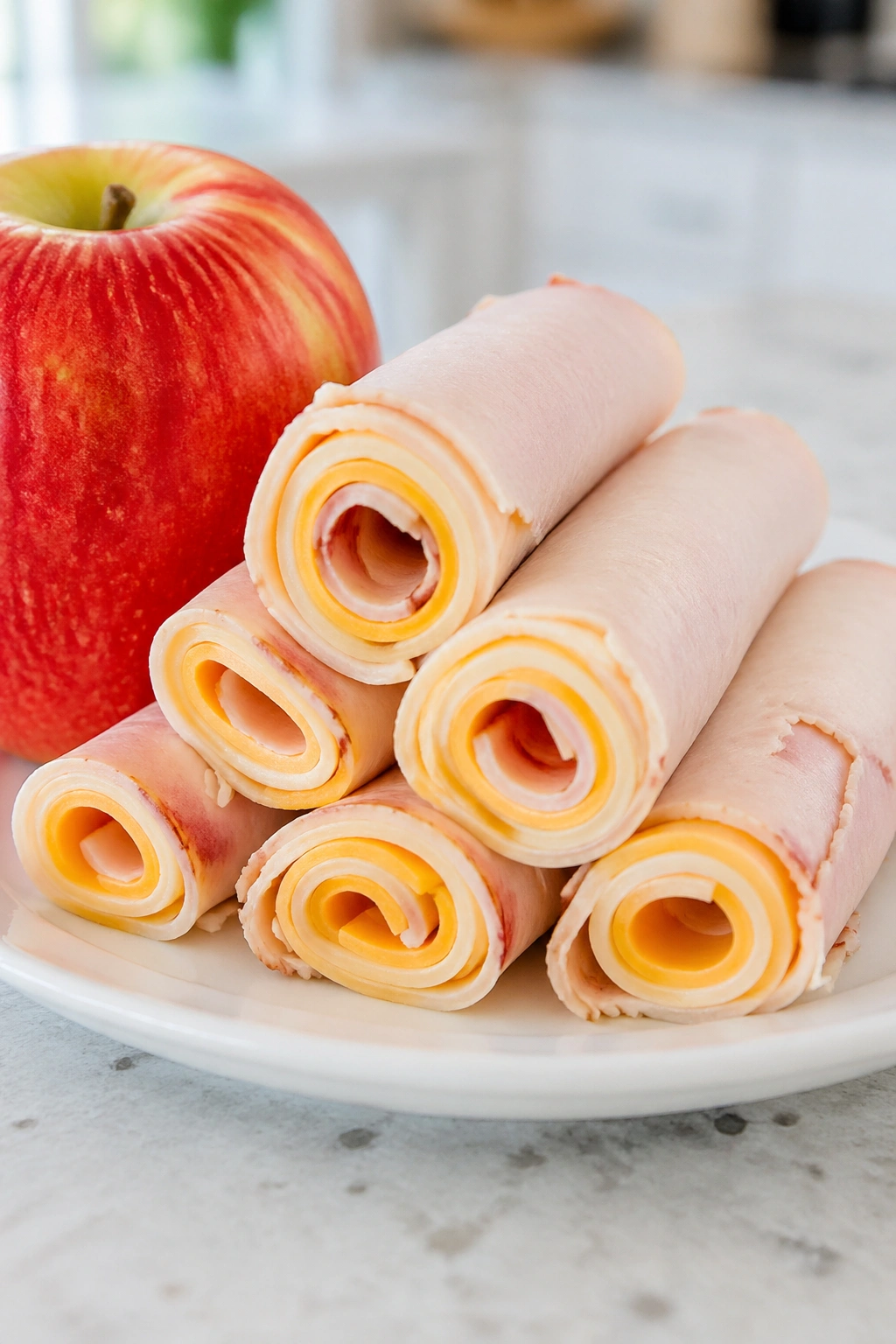 Close-up of turkey and cheese roll-ups with apple, post-workout snack