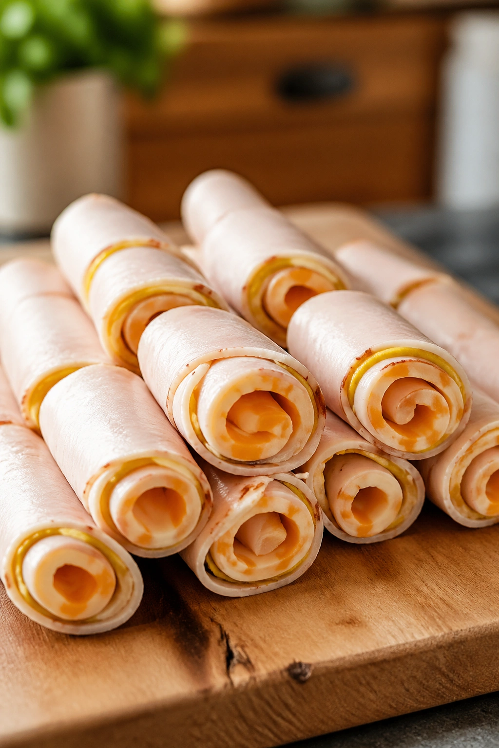 Turkey and cheese roll-ups on a wooden board, keto post-workout snack