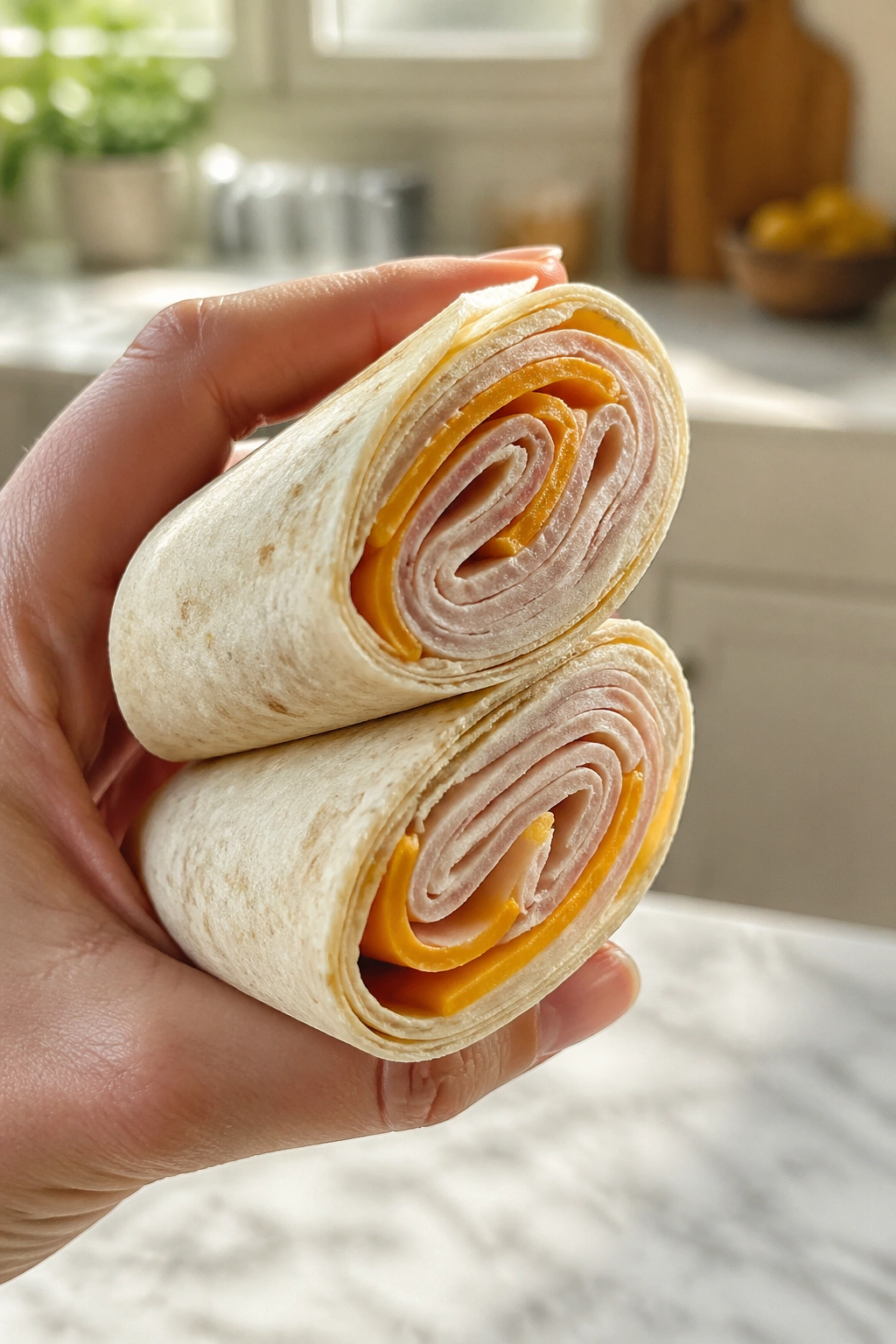 Close-up of a turkey and cheese mini wrap held for on-the-go eating