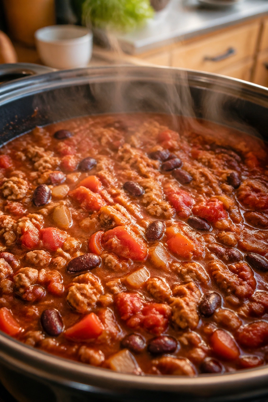 Close-up of steaming turkey chili in a pot in a warm kitchen