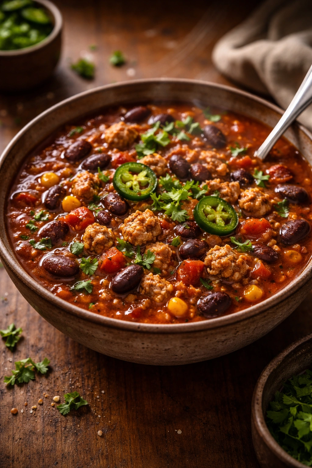 Steaming bowl of turkey and bean chili in a rustic bowl on a wooden table.