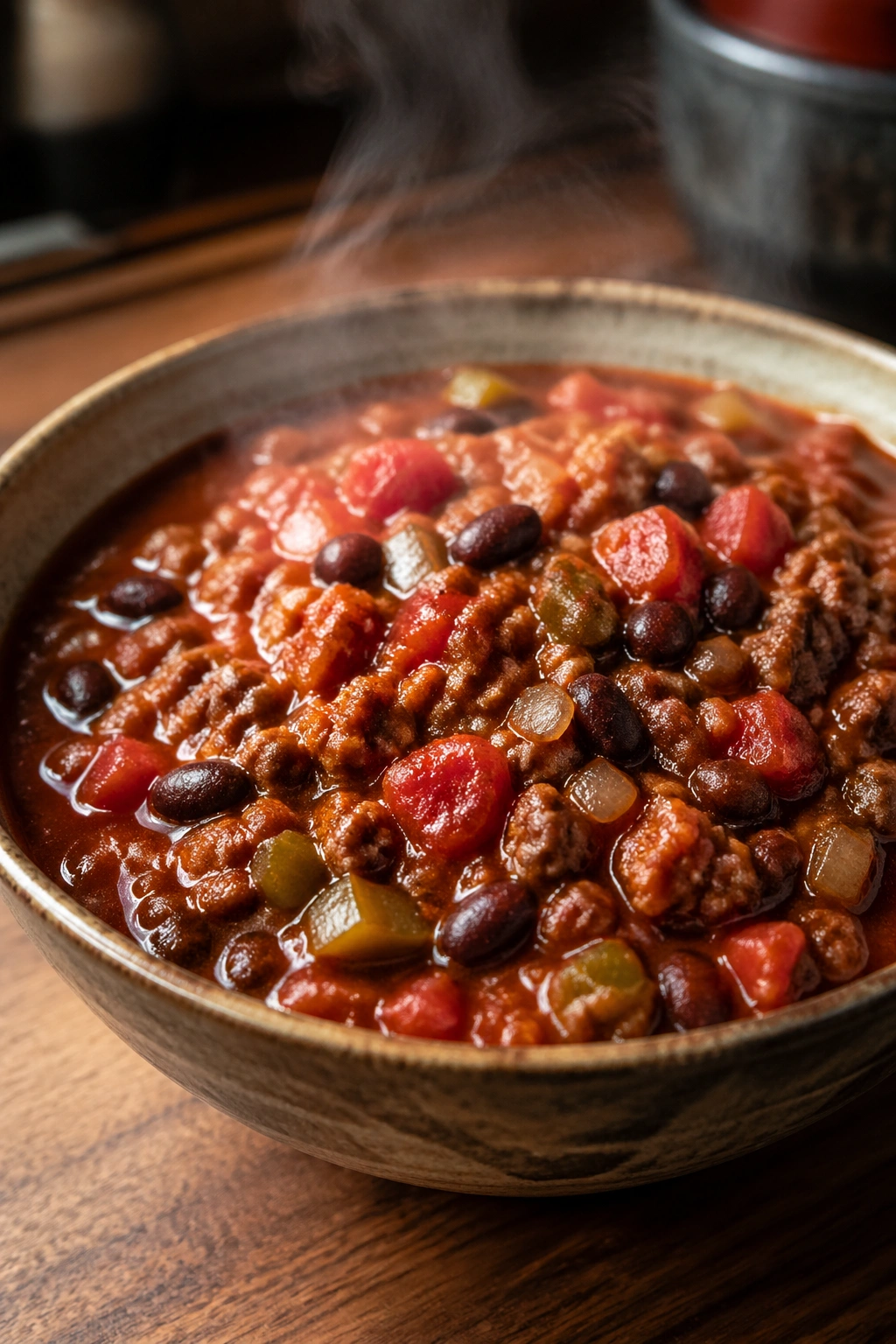 Close-up of turkey chili in a rustic bowl