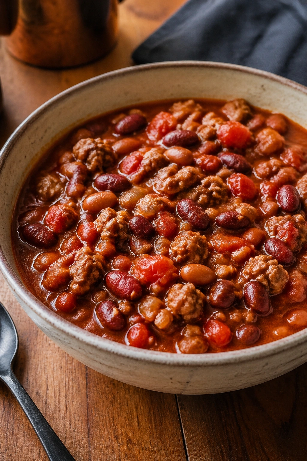 Bowl of turkey chili with beans on wooden table