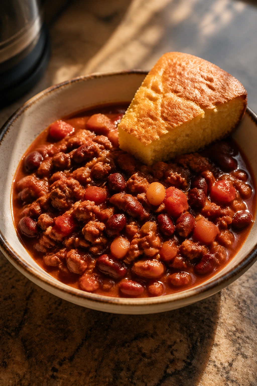 Close-up of turkey chili with cornbread on a rustic plate