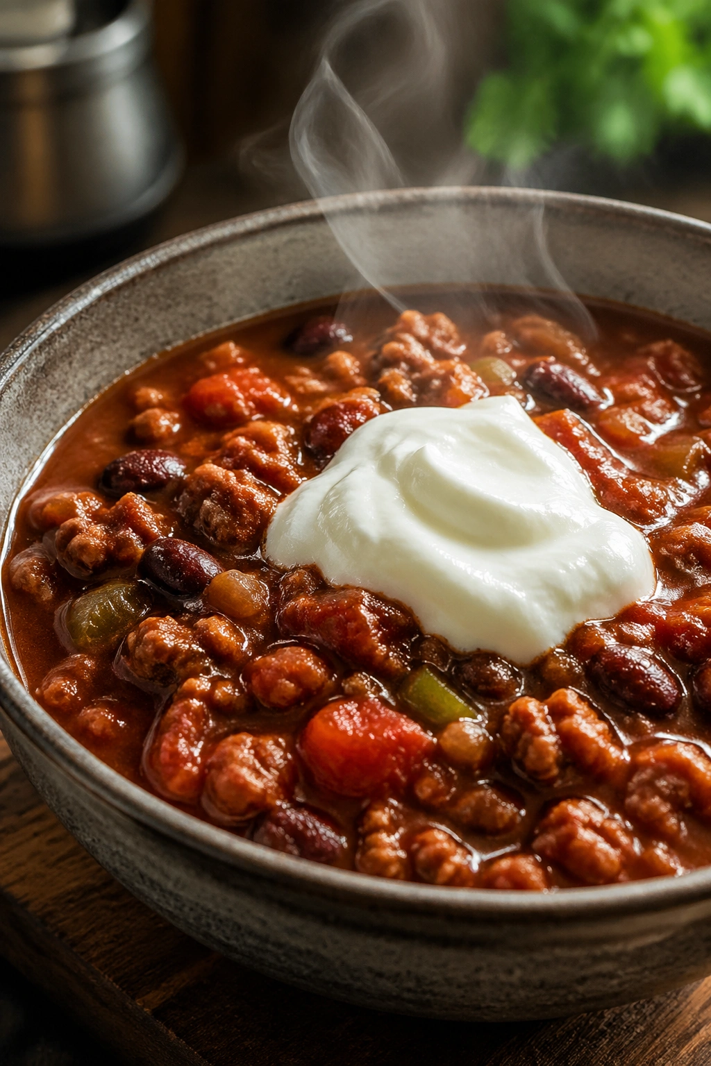 Bowl of turkey chili topped with Greek yogurt in a warm kitchen