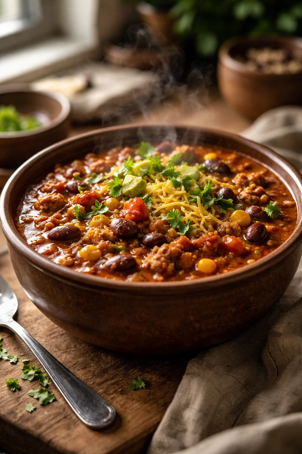 Rustic bowl of turkey chili with beans and tomatoes