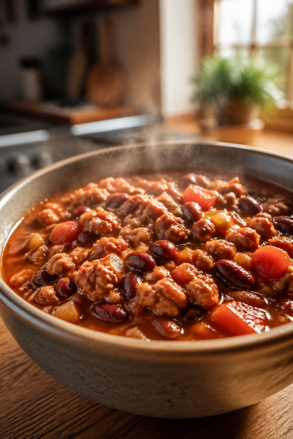 Close-up of turkey chili in a bowl with beans and tomatoes