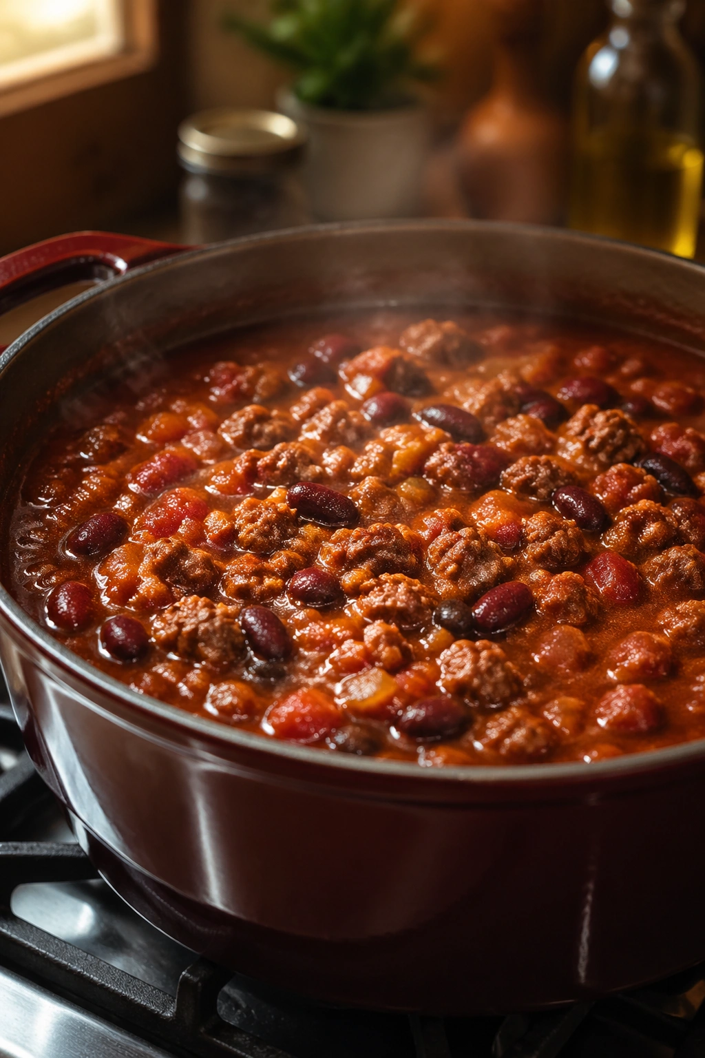 Steaming turkey chili in a pot on a stove in a kitchen