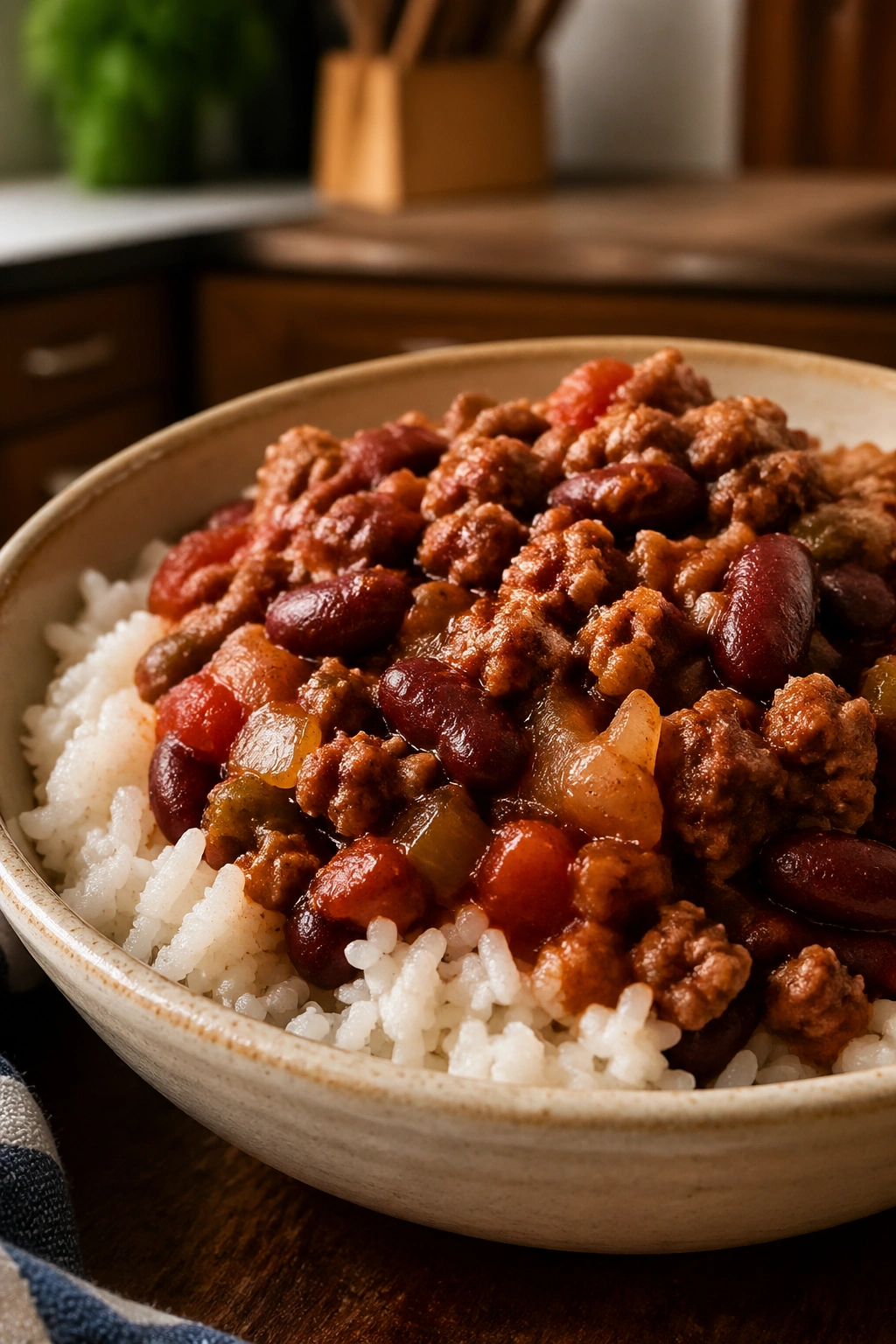 Close-up bowl of turkey chili over rice