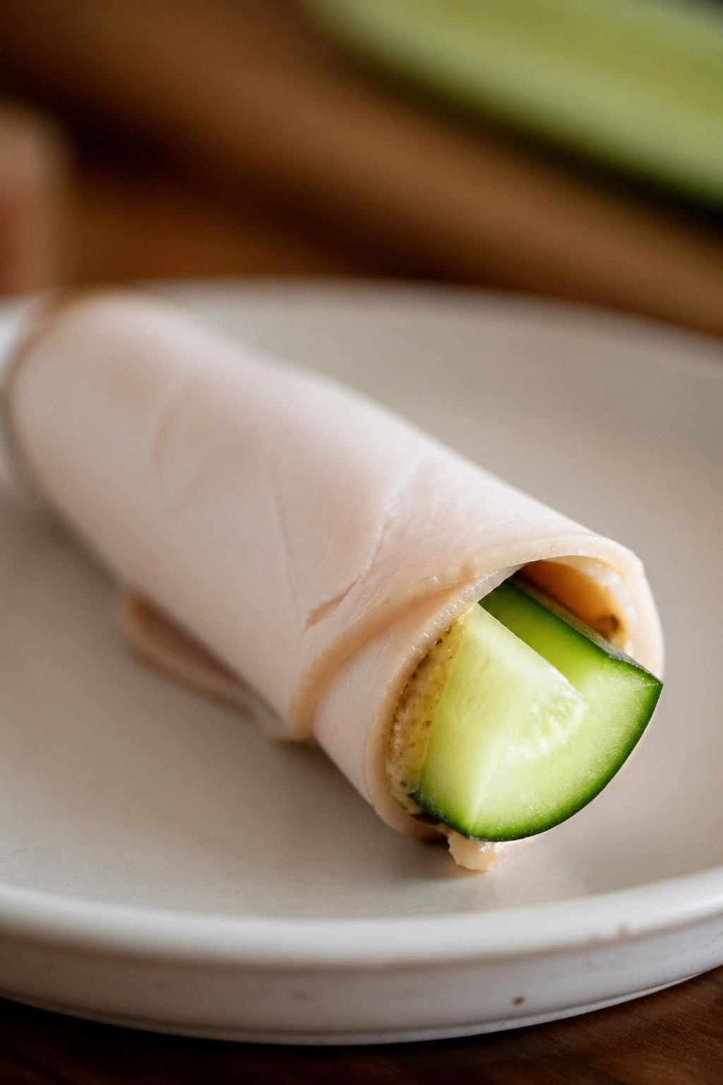 Close-up of a turkey cucumber Dijon roll-up on a plate