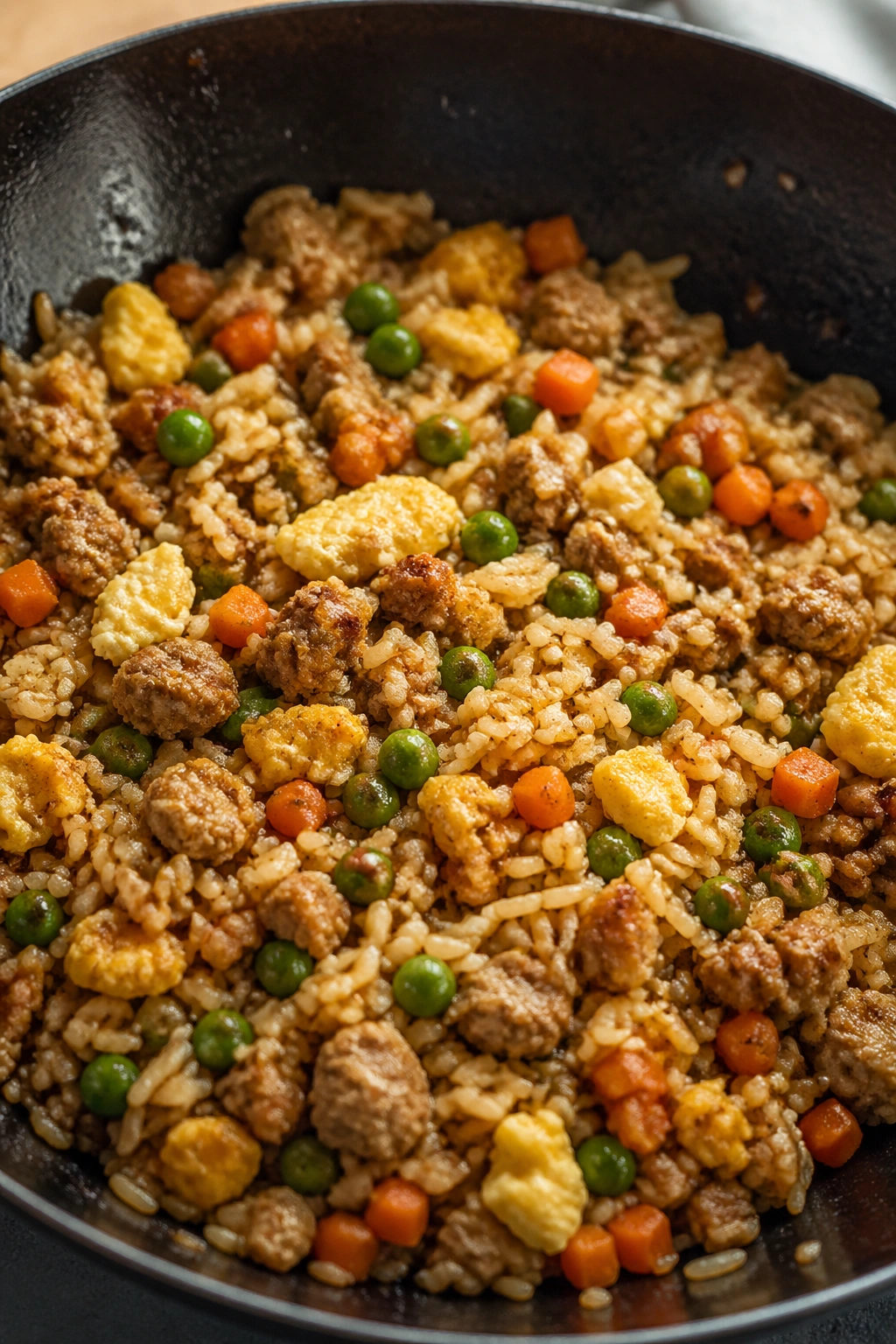 Turkey egg fried rice in a bowl/wok, home kitchen scene.