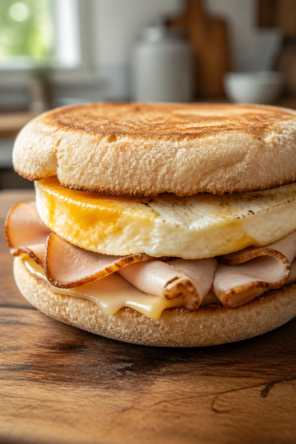 Close-up of a turkey and egg breakfast sandwich on a toasted English muffin in a kitchen