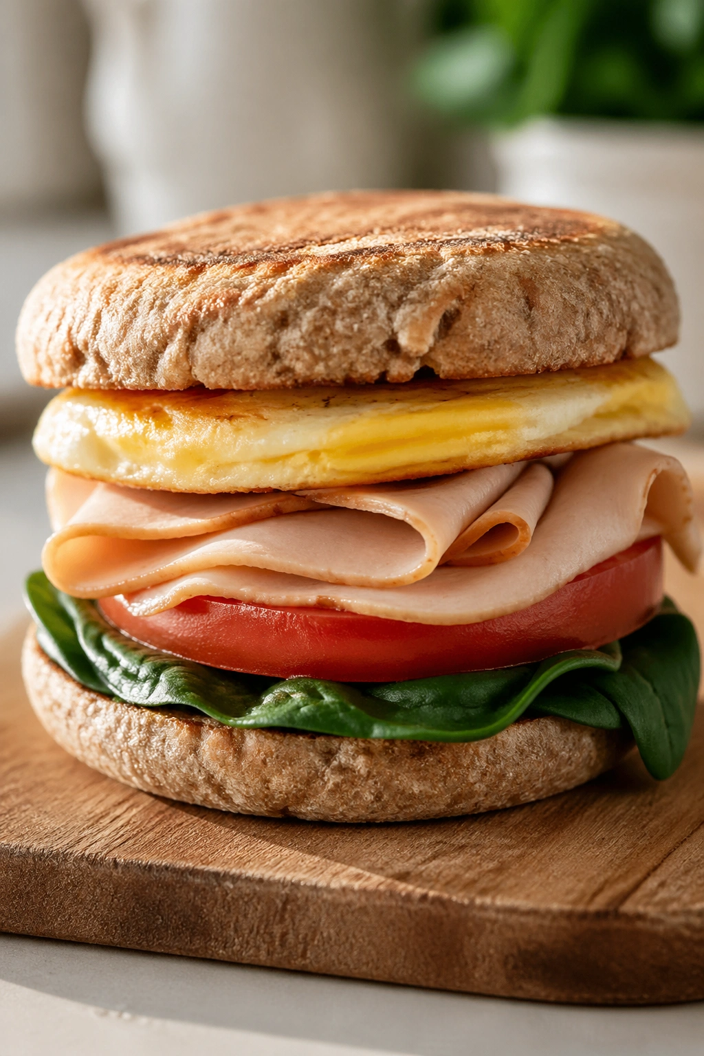 Close-up of a high-protein turkey and egg breakfast sandwich on a wooden board