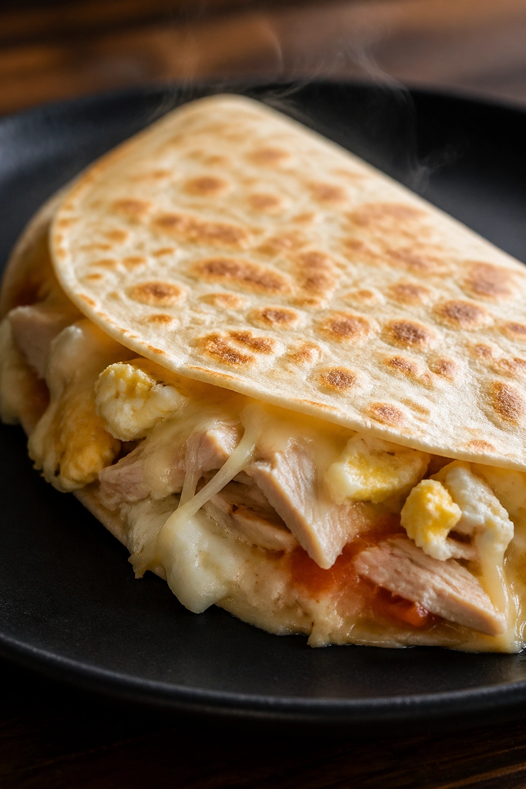 Close-up of a half-folded turkey egg white tortilla quesadilla on a dark plate