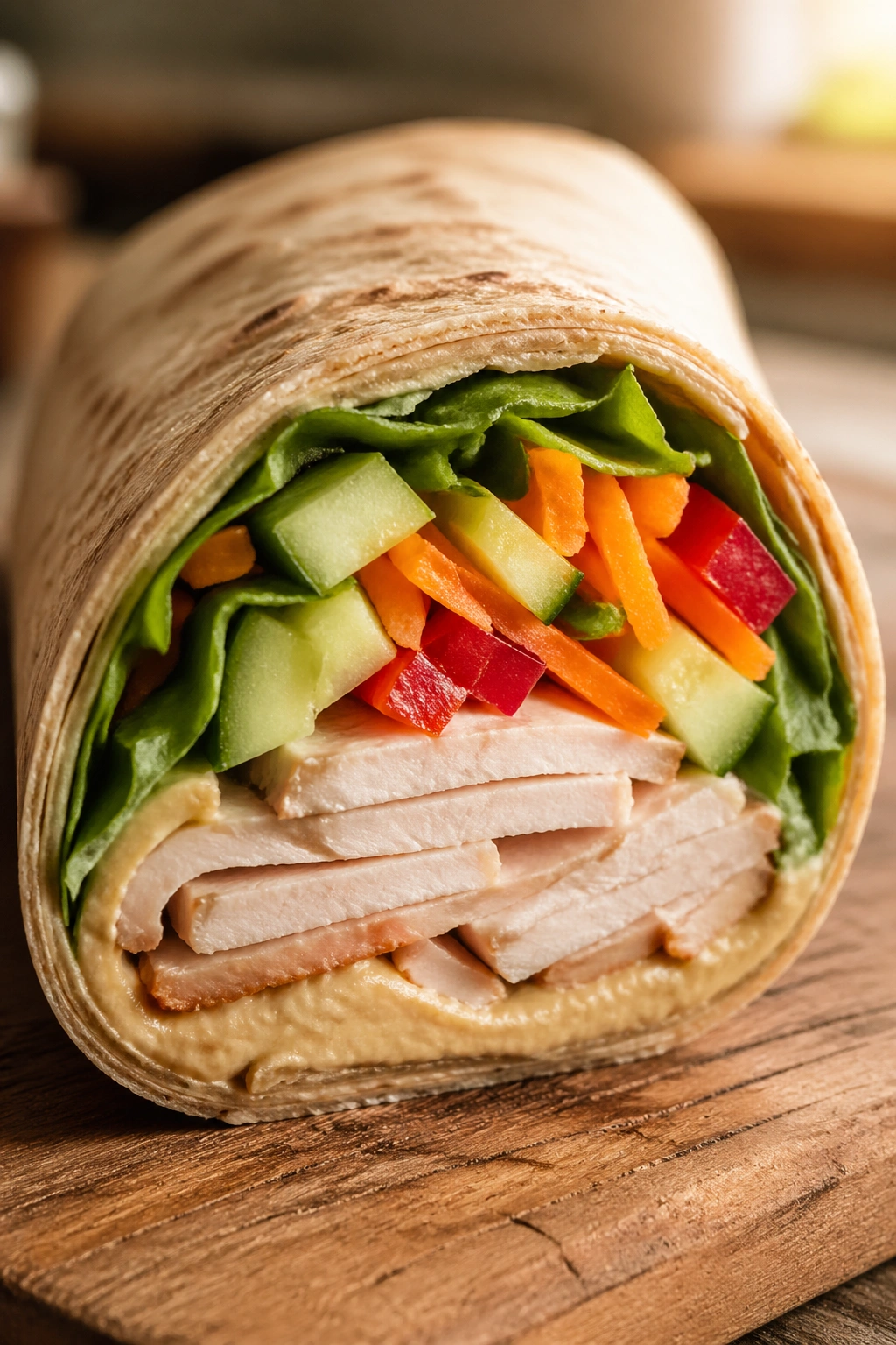 Cross-section of turkey hummus wrap with crunchy vegetables
