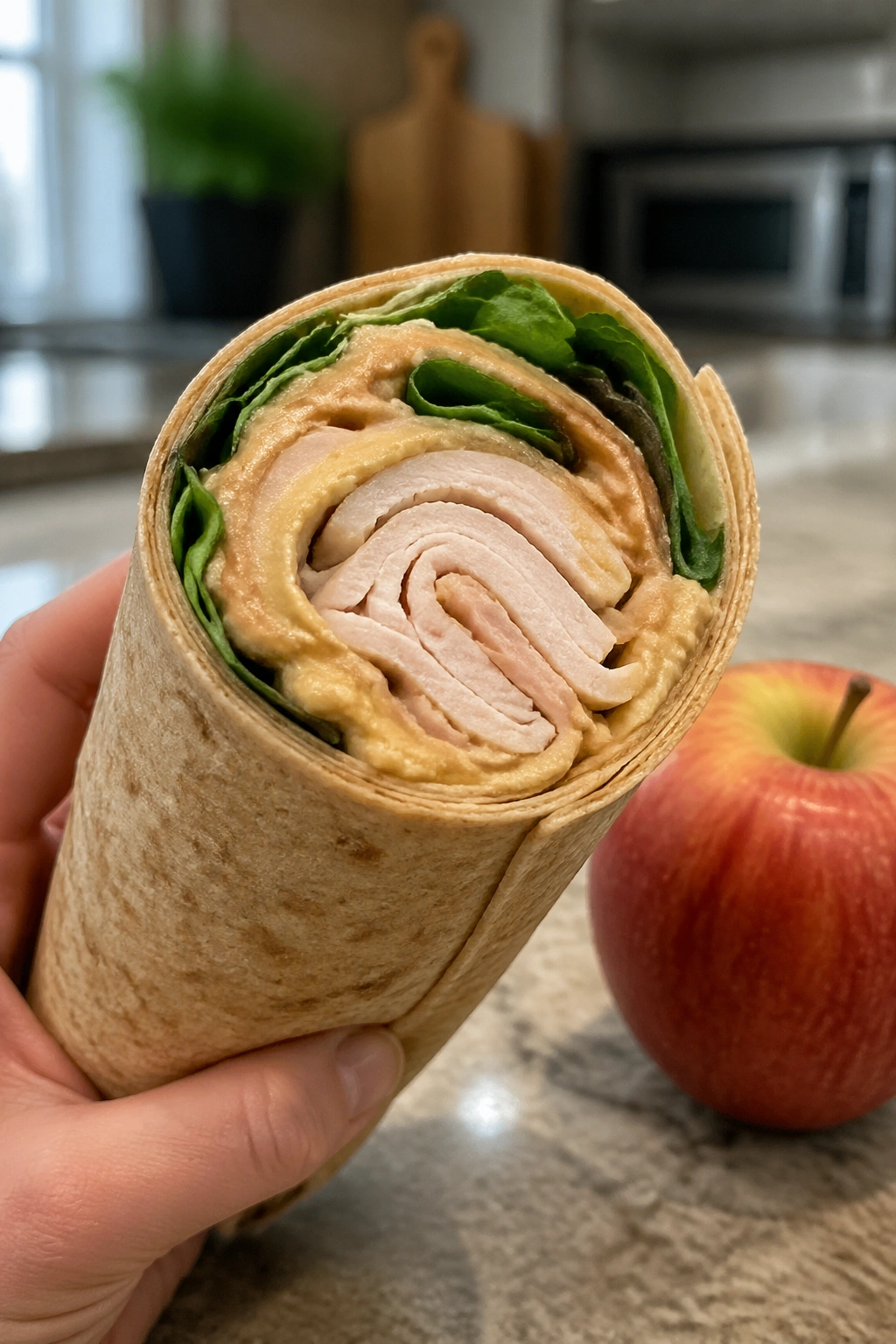 Close-up of turkey hummus wrap being held after a workout