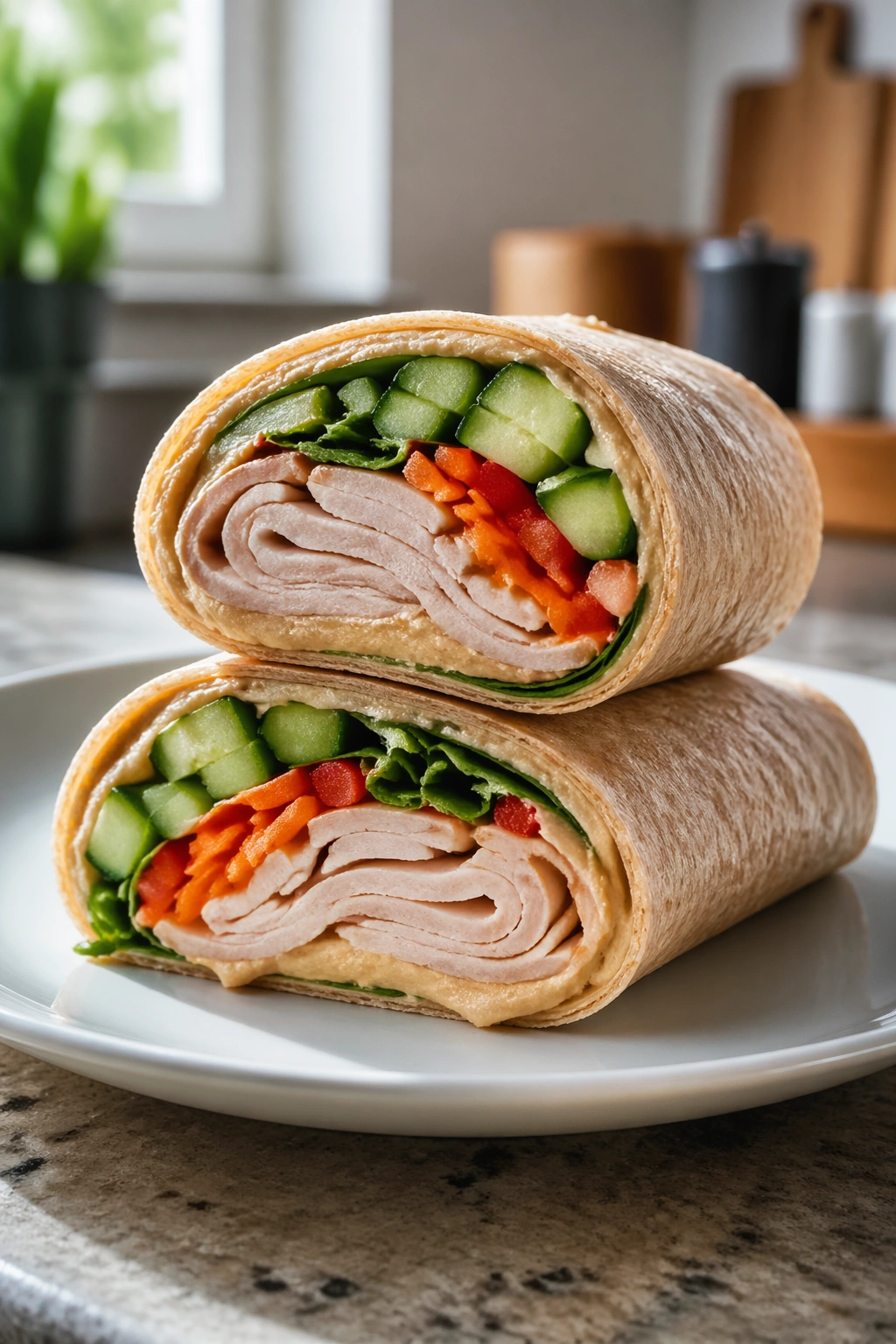 Half-cut turkey hummus wrap showing turkey and vegetables on a plate