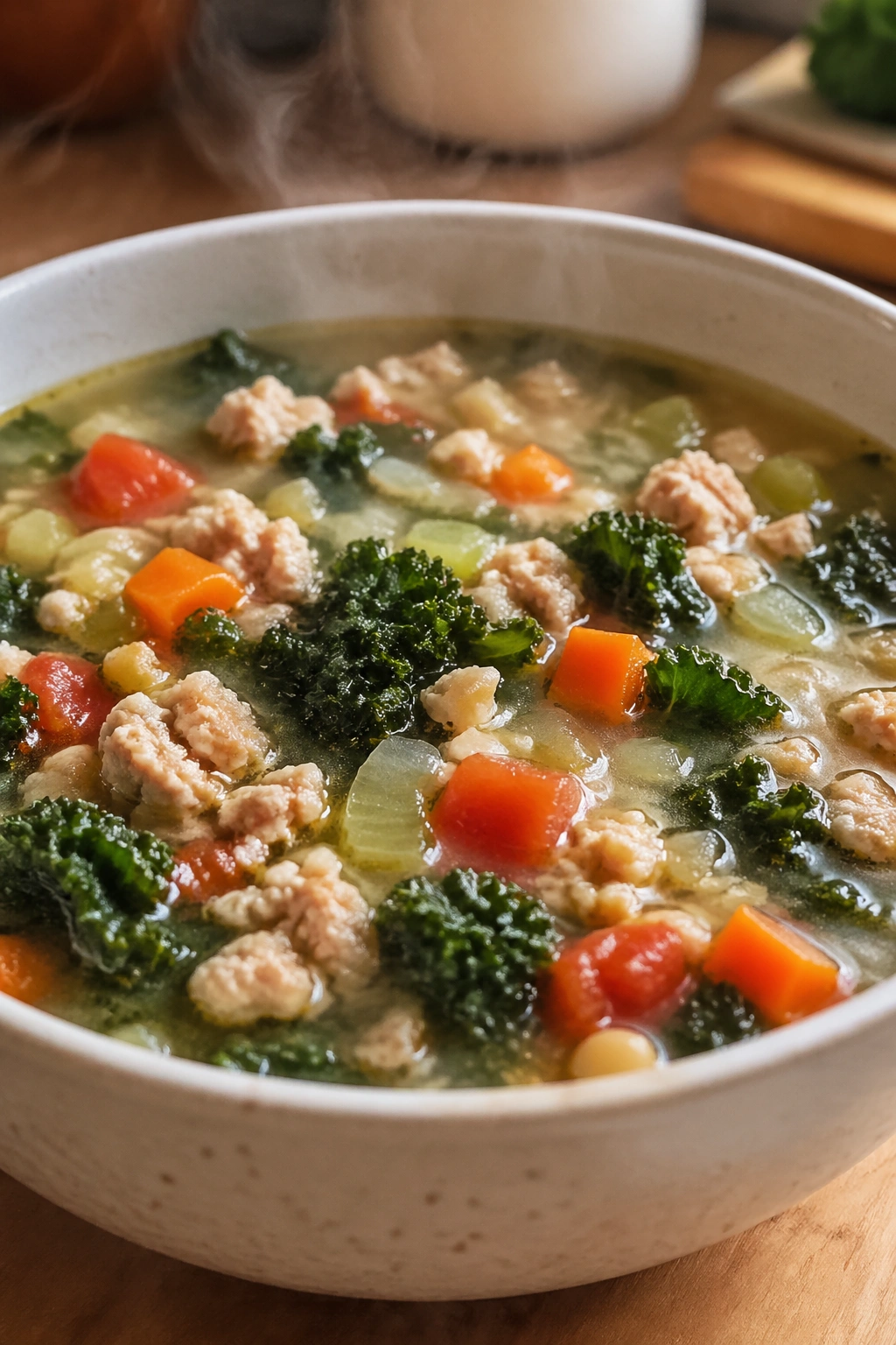 Close-up of turkey vegetable soup with kale in a bowl