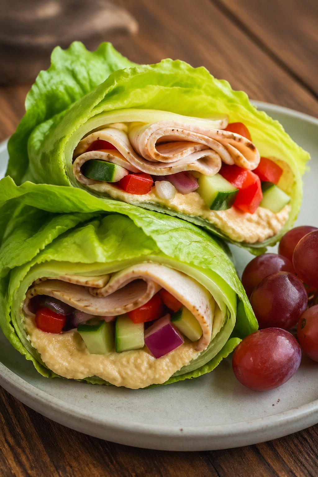 Close-up of turkey lettuce wraps with hummus and grapes on a plate