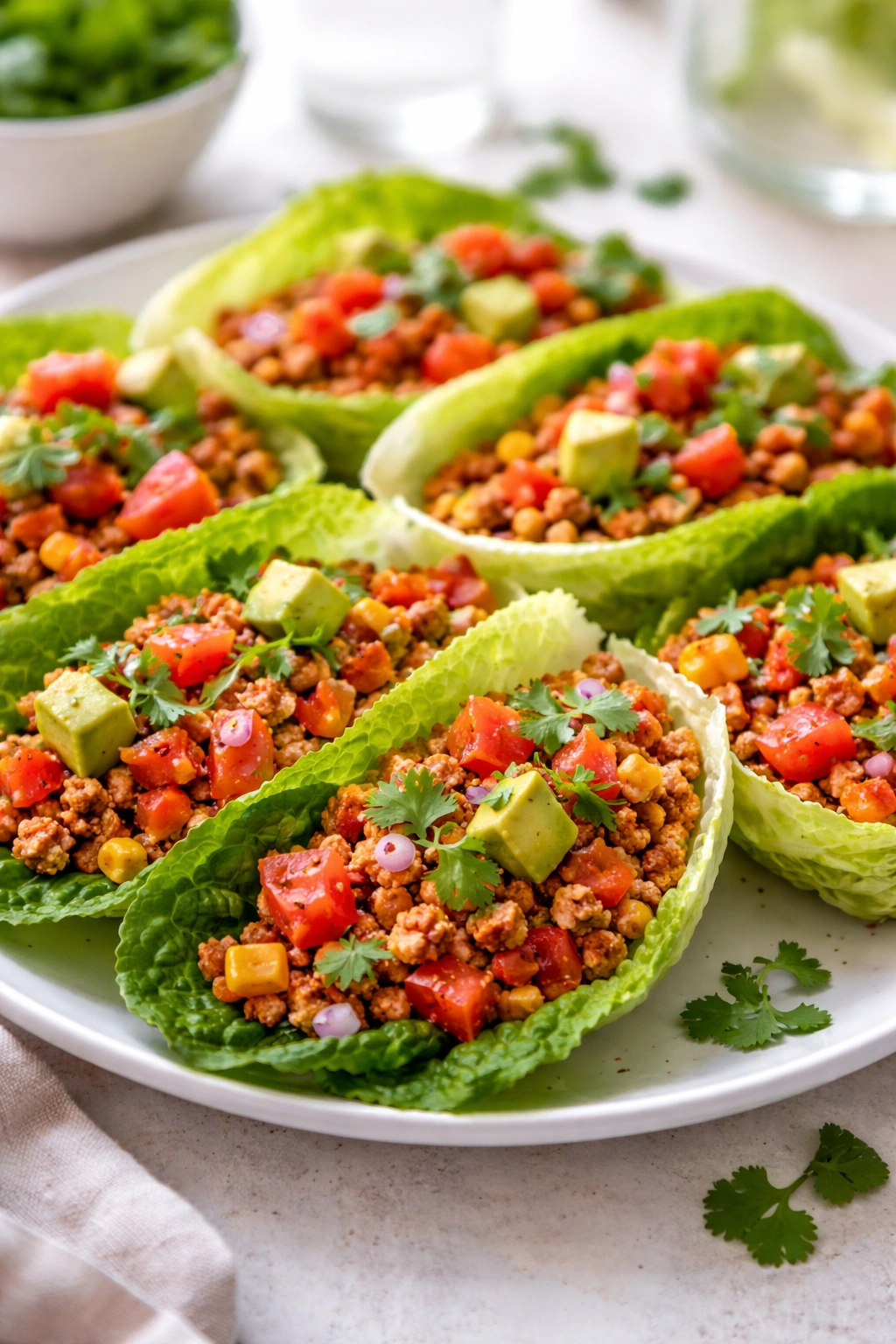 Lettuce wraps filled with turkey taco mix and avocado on a kitchen counter.