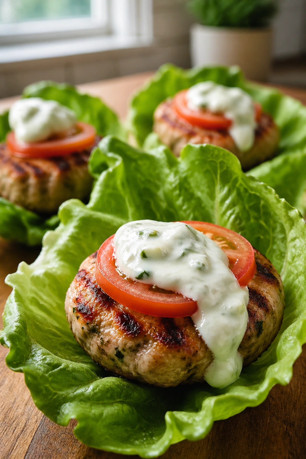 Mini turkey burger lettuce wraps on a wooden table with tomato and yogurt sauce