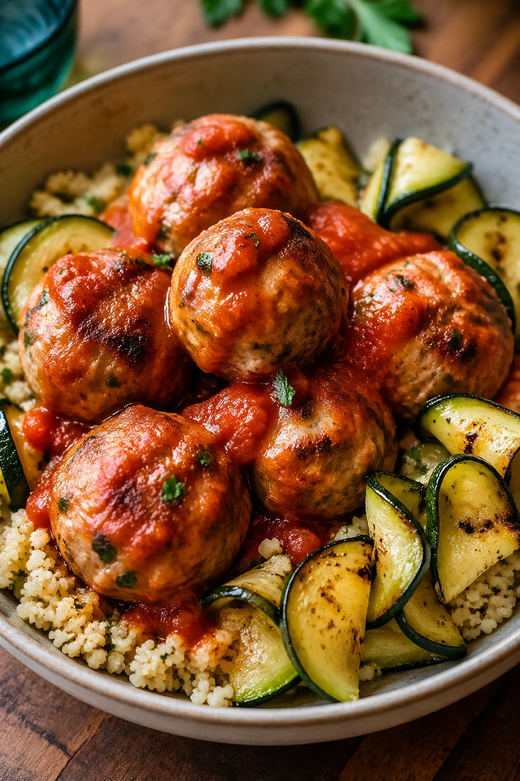 Close-up of Turkey Meatballs, Couscous, and Zucchini in a bowl