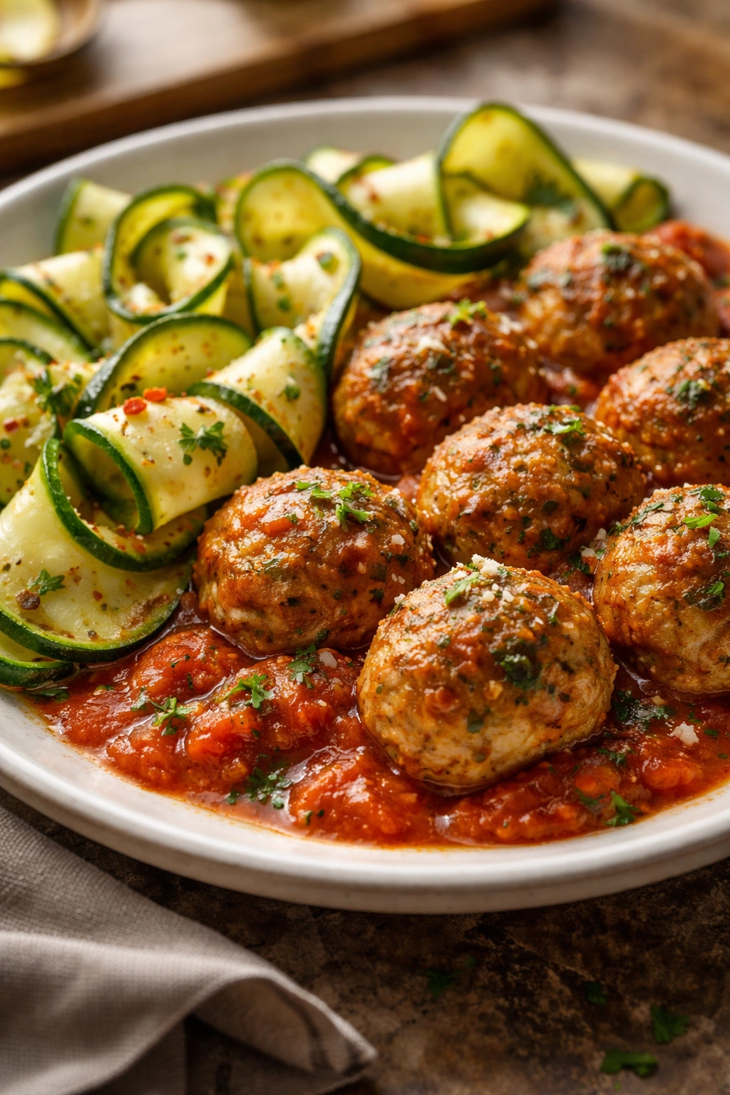 Close-up of turkey meatballs with marinara and zucchini on a plate