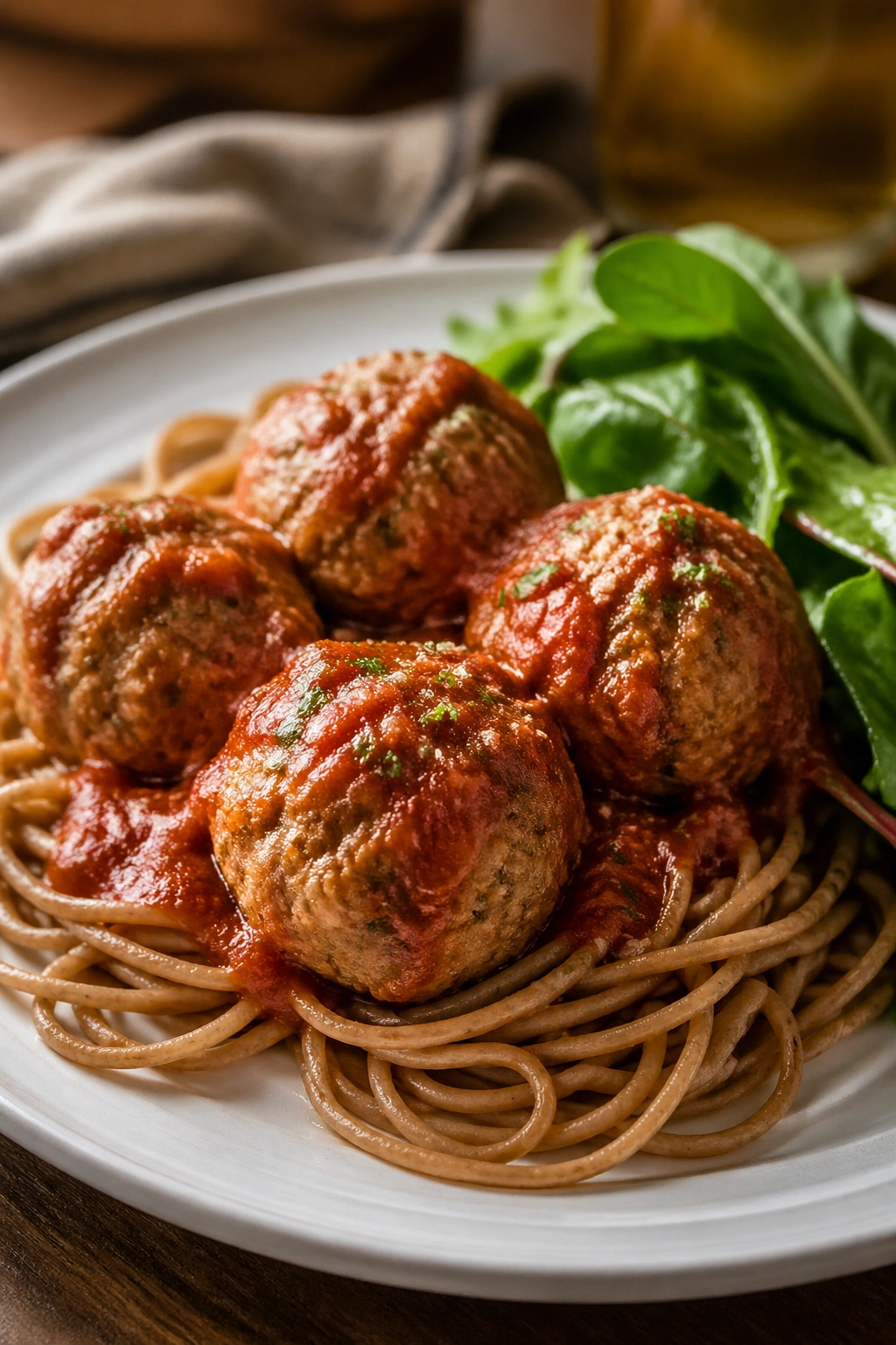Close-up of turkey meatballs with whole-wheat spaghetti